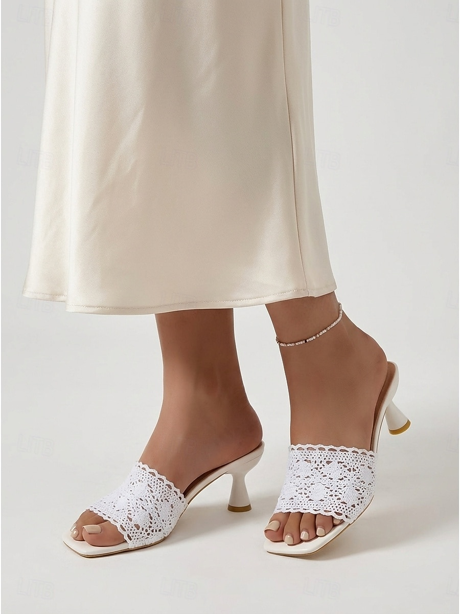Elegante weiße Damen-Mules aus Spitze – romantische, gehäkelte Sandalen mit Blumenmuster und stilvollem Spulenabsatz für Gartenhochzeiten, Brautpartys und sommerliche Gartenfeste. 2026 - $24.99 –P2