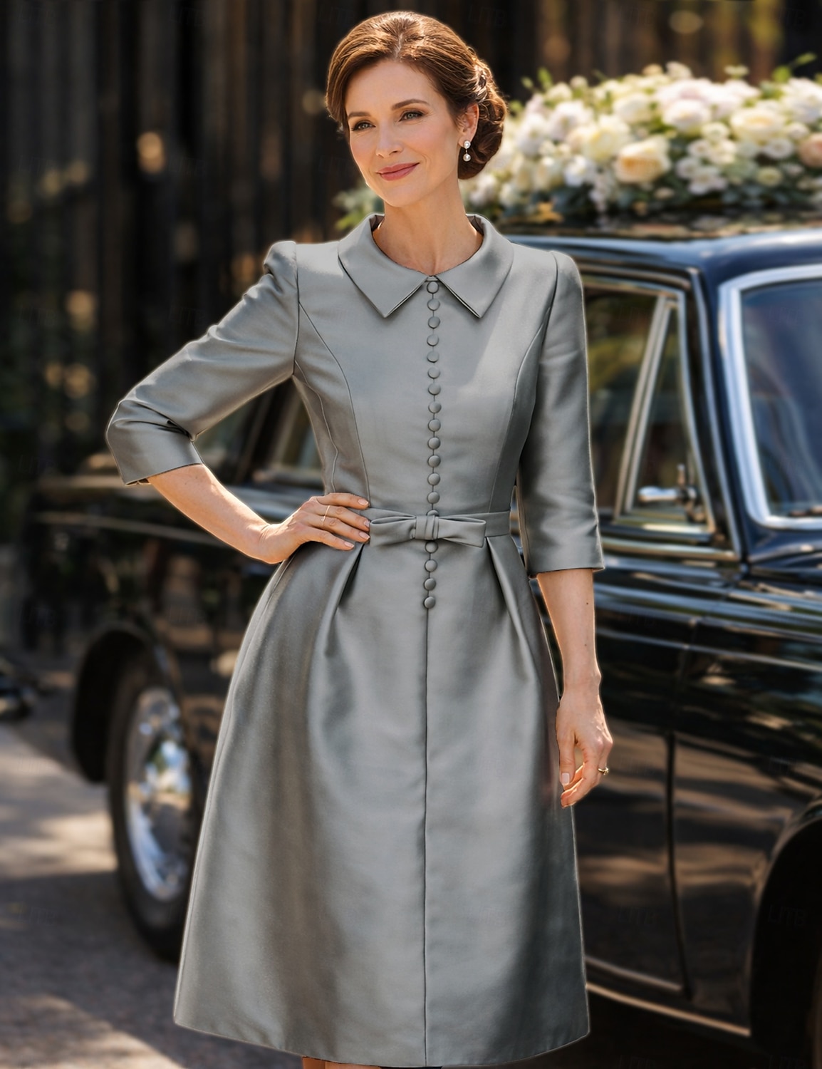 Schlauchkleid Knielang Partykleid Cocktailkleid Kleid für Hochzeitsgäste Brautmutterkleid Dreiviertelarm Hemdkragen Elegant Minimalistisch Hochzeitsgast Cocktailparty Formeller Abend Stretch Satin mit 2026 - $126.99 –P6