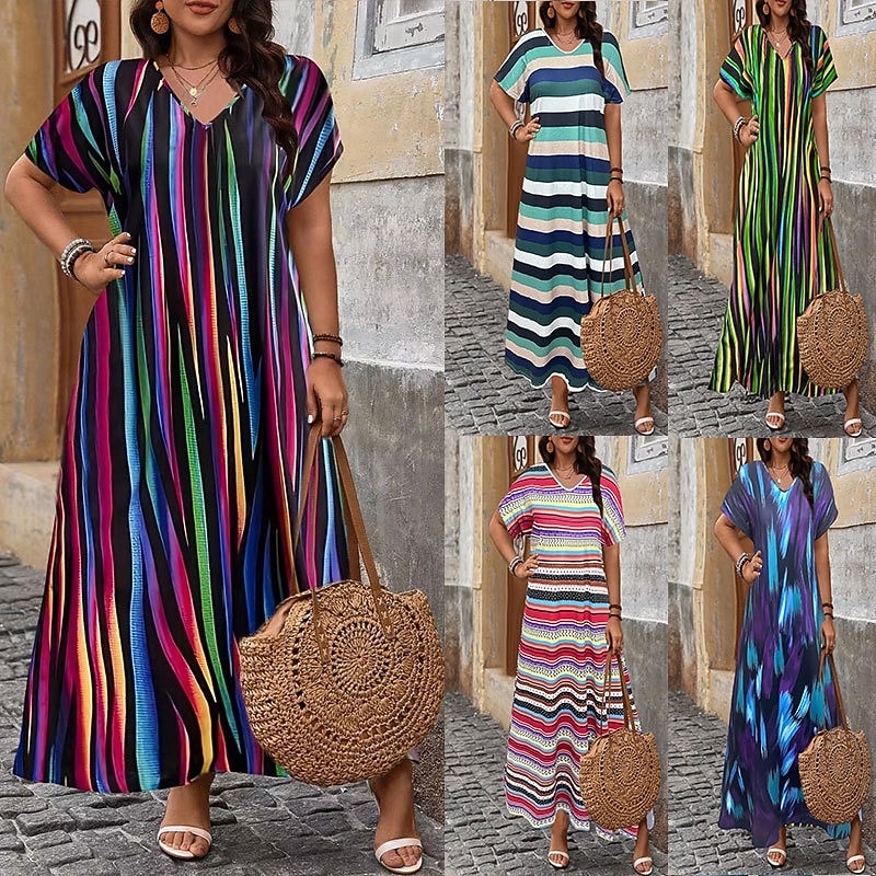 Dames Maxi-jurk Casual jurk T shirt jurk A lijn jurk Modieus Modern Dagelijks Vakantie Uitgaan Ruim Passend Gestreept Korte mouw V-hals blauw Blozend Roze Rood Paars Zomer Lente 2026 - $29.99 –P1