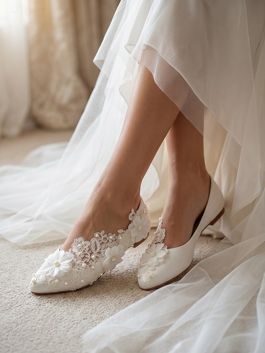Women's Ivory Lace Floral Pearl Flat Shoes, Romantic Bridal Flats for Outdoor Garden Weddings 2026 - $46.99 –P3