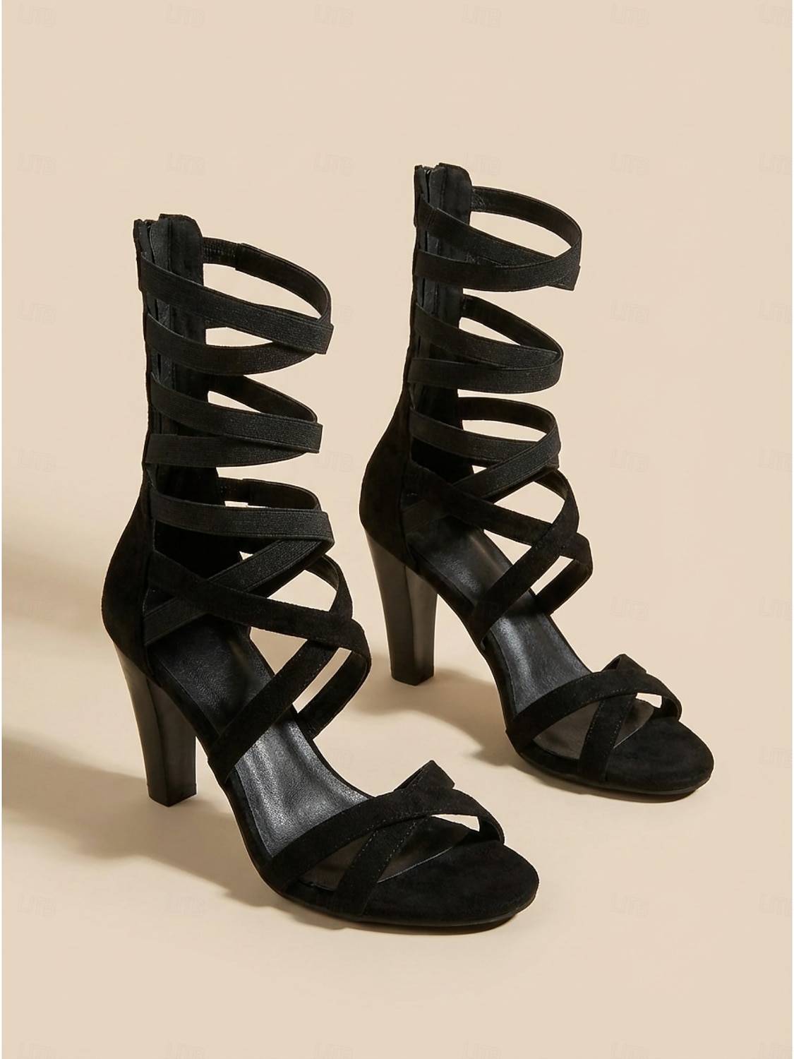 Sandalias gladiadoras negras con tiras para mujer: tacones de jaula con puntera abierta y múltiples tiras en el tobillo para festivales de música y conciertos de verano. &salir de noche 2026 - $32.99 –P4