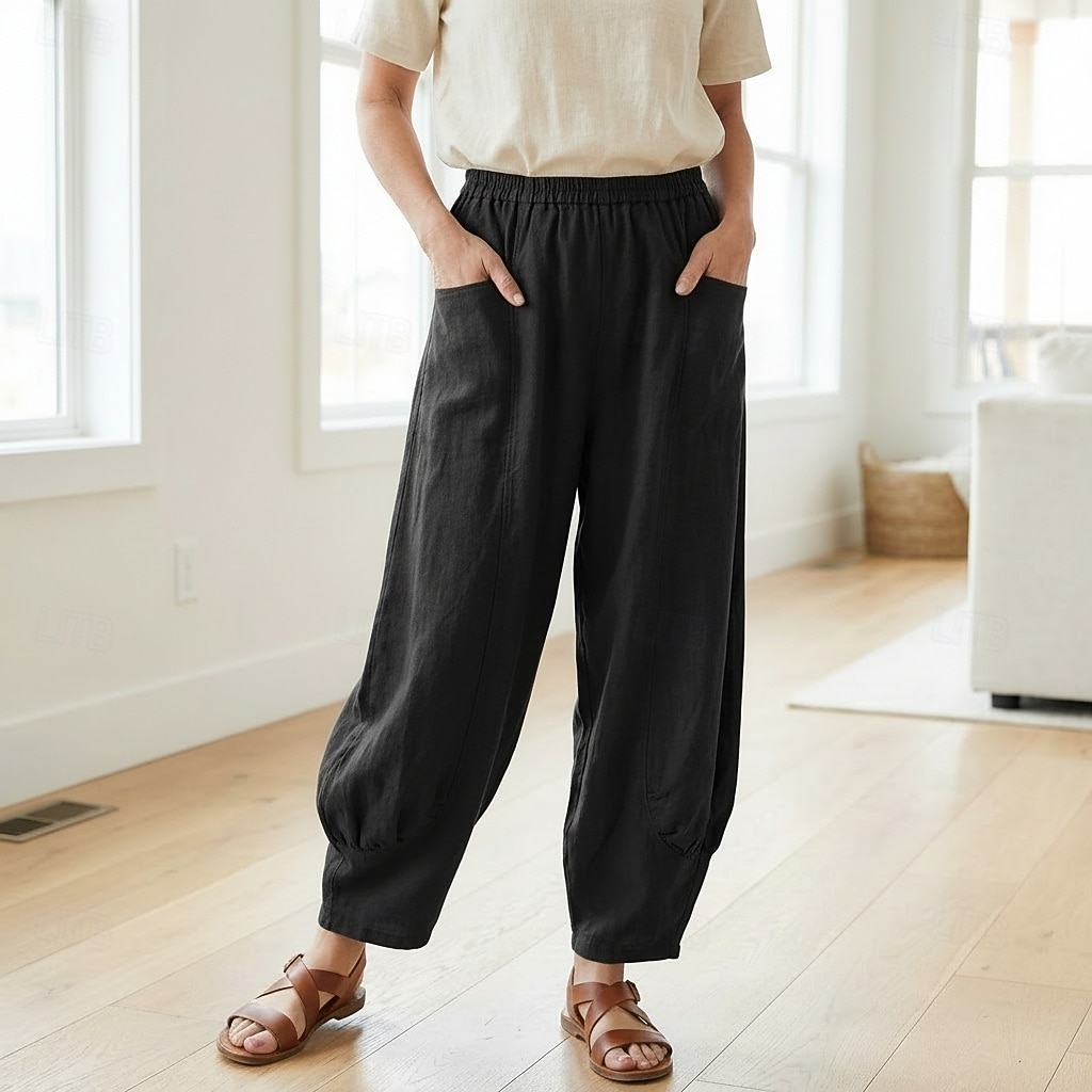 Damen-Leinenhose aus 70 % Leinen, weites Bein, Chino-Stil, Sommerhose, Urlaubshose, Streetwear, Basic, lange Länge, mittlere Bundhöhe, schlicht, Tasche, elastischer Bund, bequem, komfortabel, nicht elastisch, für Alltag, Outdoor, Straße, Bordeauxrot, Azur 2026 - $49.99 –P17