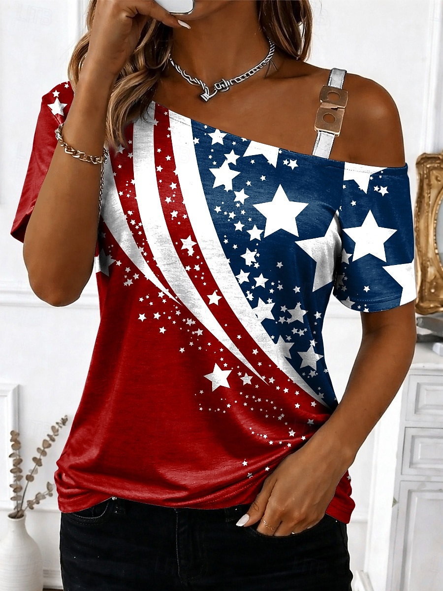 2026年 アメリカ独立記念日 女性用 Tシャツ ティートップ プリント グラフィック スタイリッシュ クラシック カジュアル 半袖 非対称ネック レギュラートップス 日常 お出かけ 週末 ブルー ルビーレッド レッドとブルー 夏 春  コレクション – $21.99 –P3