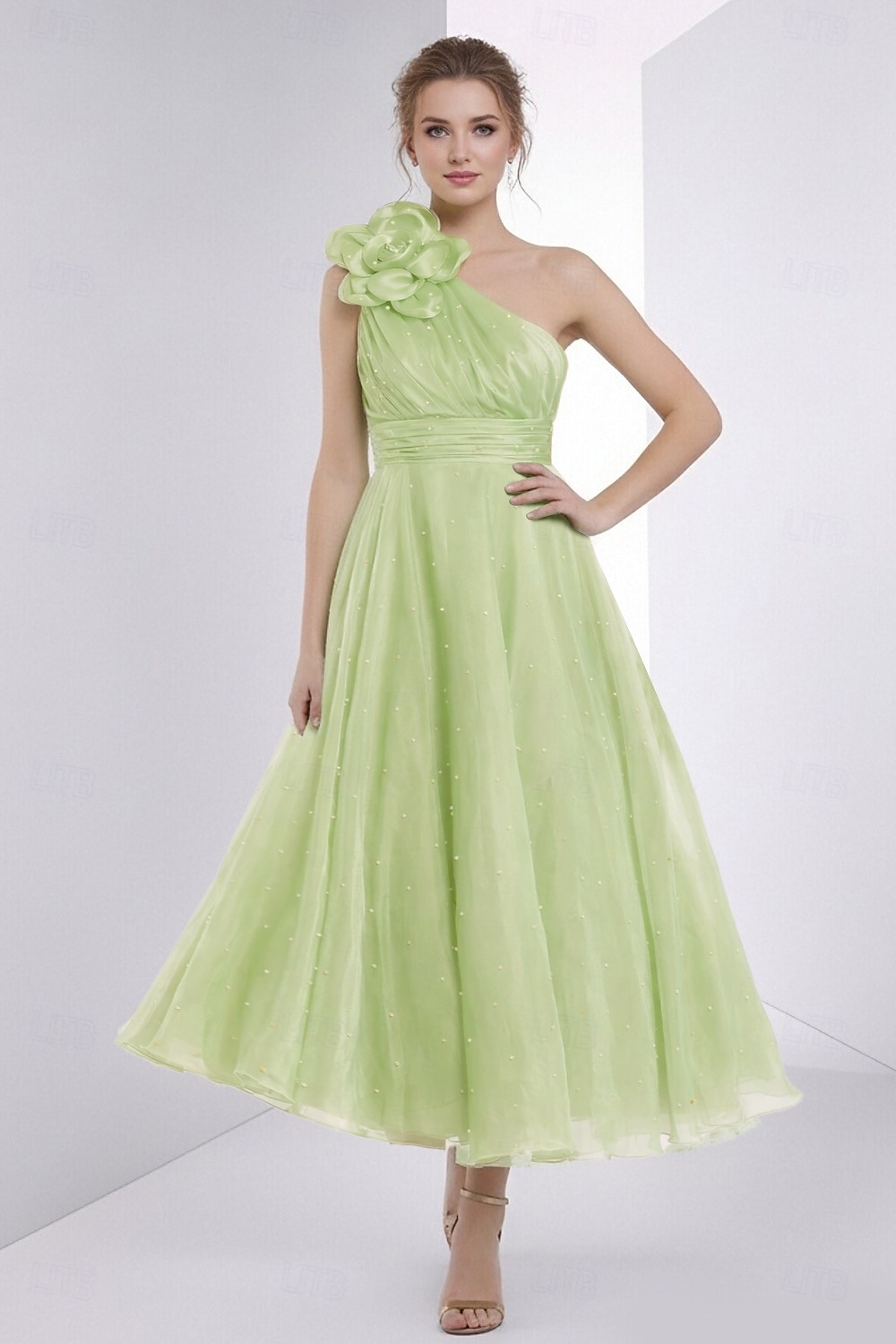 2026年 Ａライン アンクル丈 ウェディングゲストドレス フォーマルドレス イブニングガウン 卒業ドレス エレガント ノースリーブ ワンショルダー プロムドレス フォーマル オーガンザ ととも​​に 刺繍の花  コレクション – $164.99 –P1