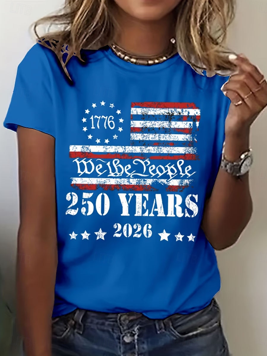 Independence Day American Anniversary Patriotic Women's T Shirt Print Graphic Flag Letter Stylish Classic Casual Short Sleeve Crew Neck Regular Tops Daily Blue Black White Red Summer Spring 2026 - $22.99 –P1