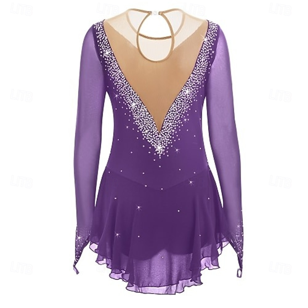 Abito da pattinaggio artistico Ragazze Pattinaggio sul ghiaccio Vestito Lilla blu navy Nero Patchwork Schiena aperta Elasticizzato Allenamento Competizione Vestiti da pattinaggio sul ghiaccio del 2026 a $201.89 –P26
