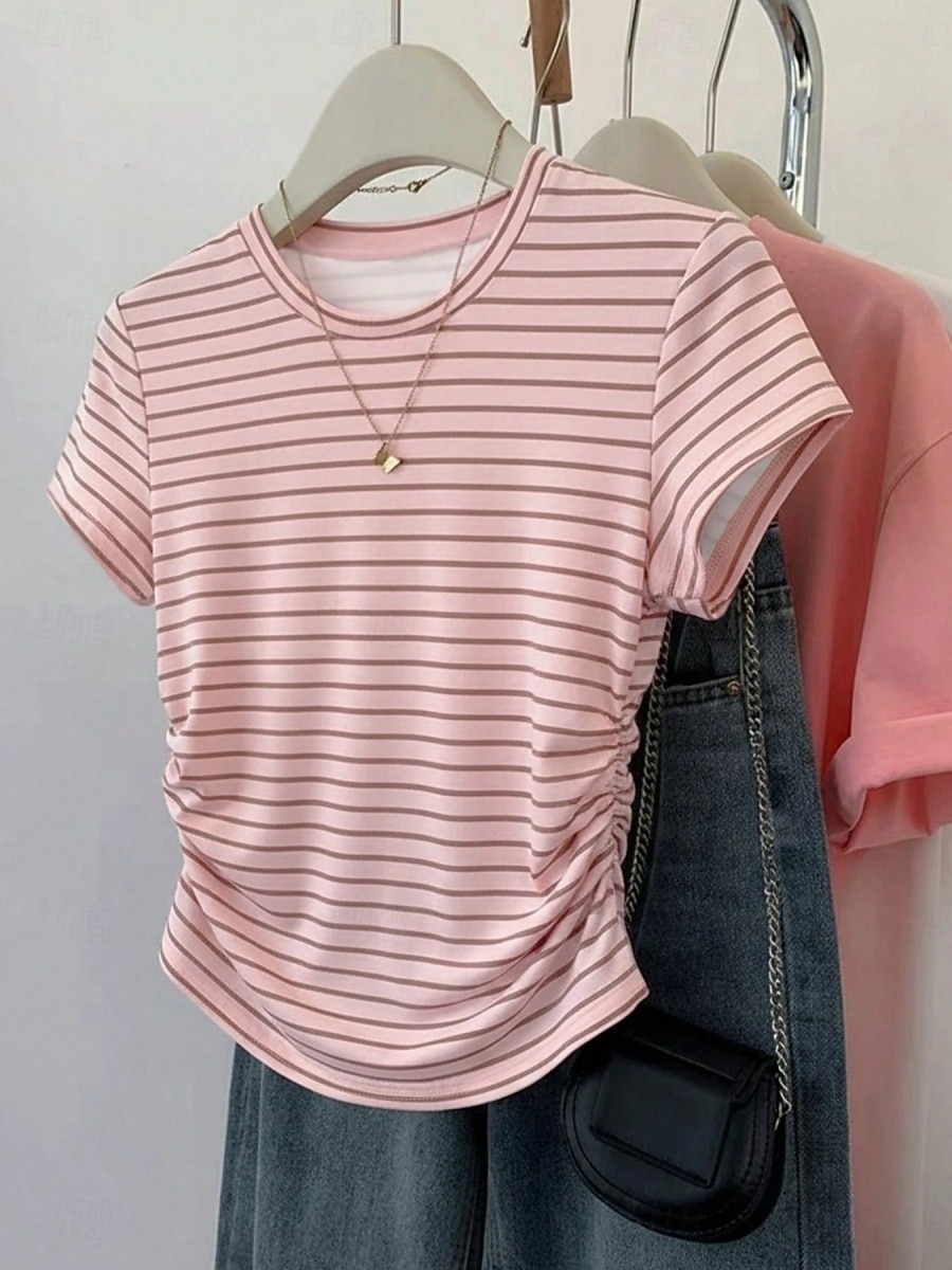 Damen T Shirt T-Shirt Druck Gestreift Mode Stilvoll Klassisch Kurzarm Rundhalsausschnitt Normale Oberteile Täglich Ausgehen Wochenende Blau Rosa Sommer Frühling 2026 - $19.99 –P3