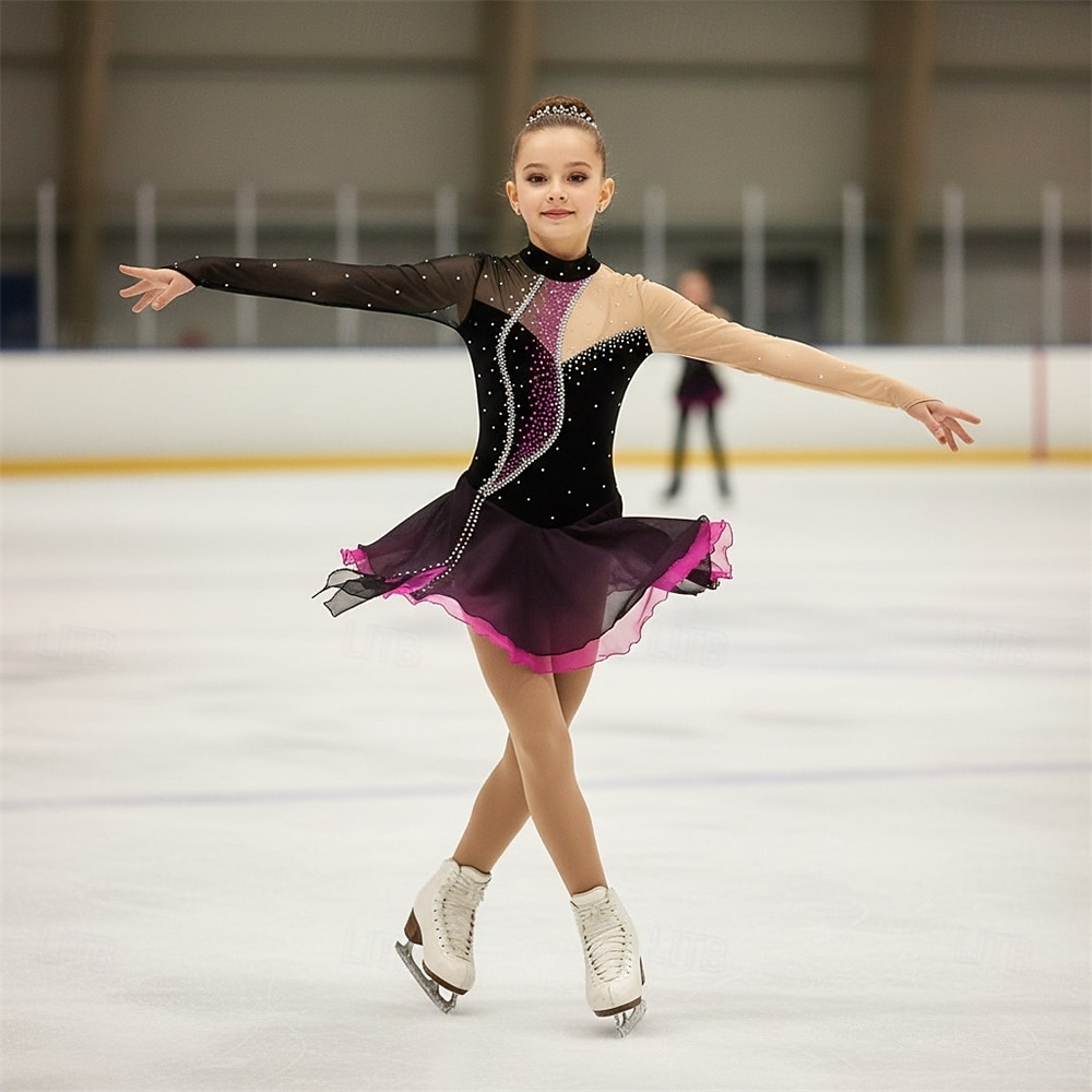 Figure Skating Dress Girls' Ice Skating Dress Violet Black Yellow Patchwork Open Back High Elasticity Training Competition Skating Wear Classic Crystal / Rhinestone Long Sleeve Ice Skating Figure 2026 - $204.69 –P1