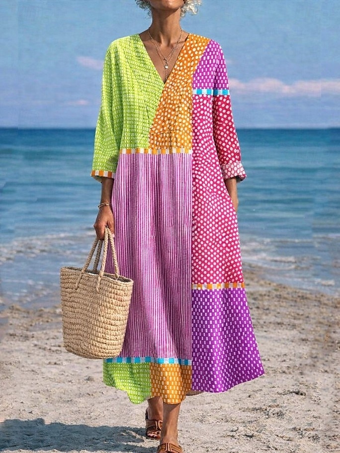 Women's Midi Dress V Neck Long Sleeve Kaftan Lightweight Loose Fit A Line Dress Casual Boho Going out Graphic Geometric Stripe Long Sleeve V Neck Orange red Black Yellow Pink 2026 - $37.99 –P4