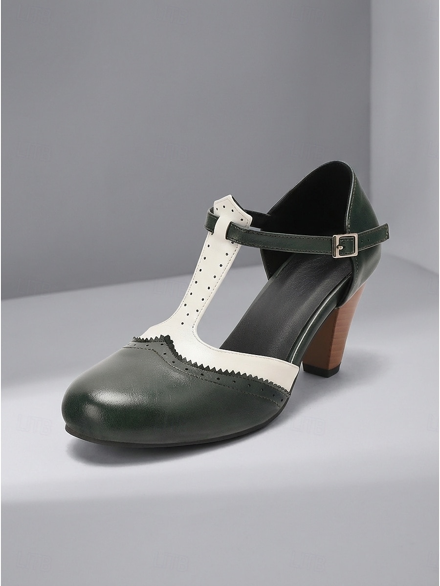 Damesko i burgunder og hvitt med t-stropper – elegante retro pumps med mellomhøy hæl og tofarget tilskuerdesign til brudens mor, innendørs kirkeseremonier og formelle mottakelser 2026 - $59.99 –P4