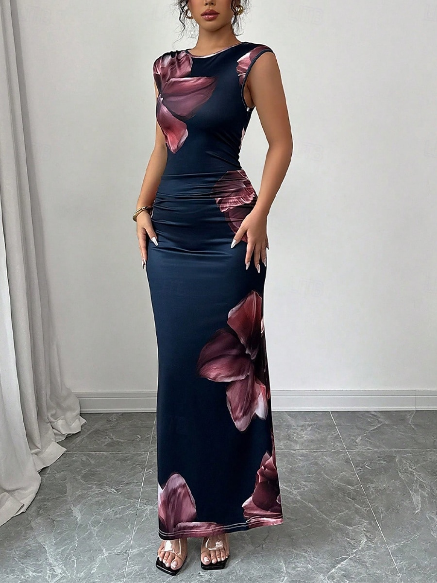 Dames Maxi-jurk Satijnen Jurk Bodycon Bloemetjesjurk Jurk met print Elegant Modieus Modern Buiten Vakantie Feest Normale pasvorm Bloemig Mouwloos Strakke ronde hals Marineblauw Zomer Lente 2026 - $19.99 –P4