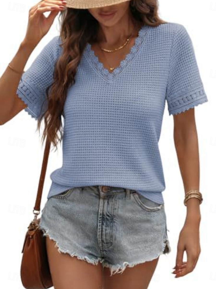 Dames T-shirt Kant Lapwerk Effen Modieus Stijlvol Klassiek Korte mouw V-hals Normale tops Dagelijks Uitgaan Weekend blauw Zwart Wit Leger Groen Groen Zomer Lente 2026 - $25.99 –P13