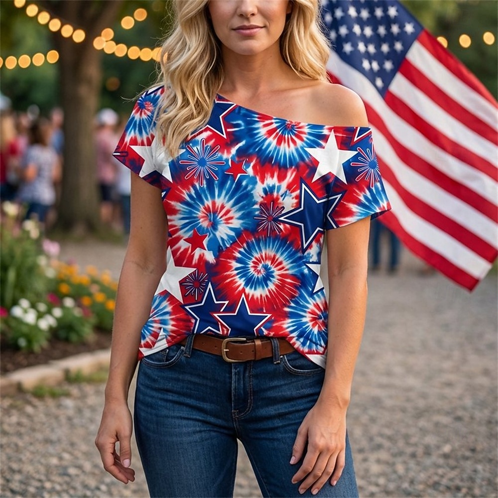 250º Aniversário EUA Retro Vintage Anos 80 Japonesa/Curta Assimétrico Mangas curtas Fantasia Mulheres 4 de julho Dia da Independência Adulto Camiseta de 2026 por $18.99 –P1