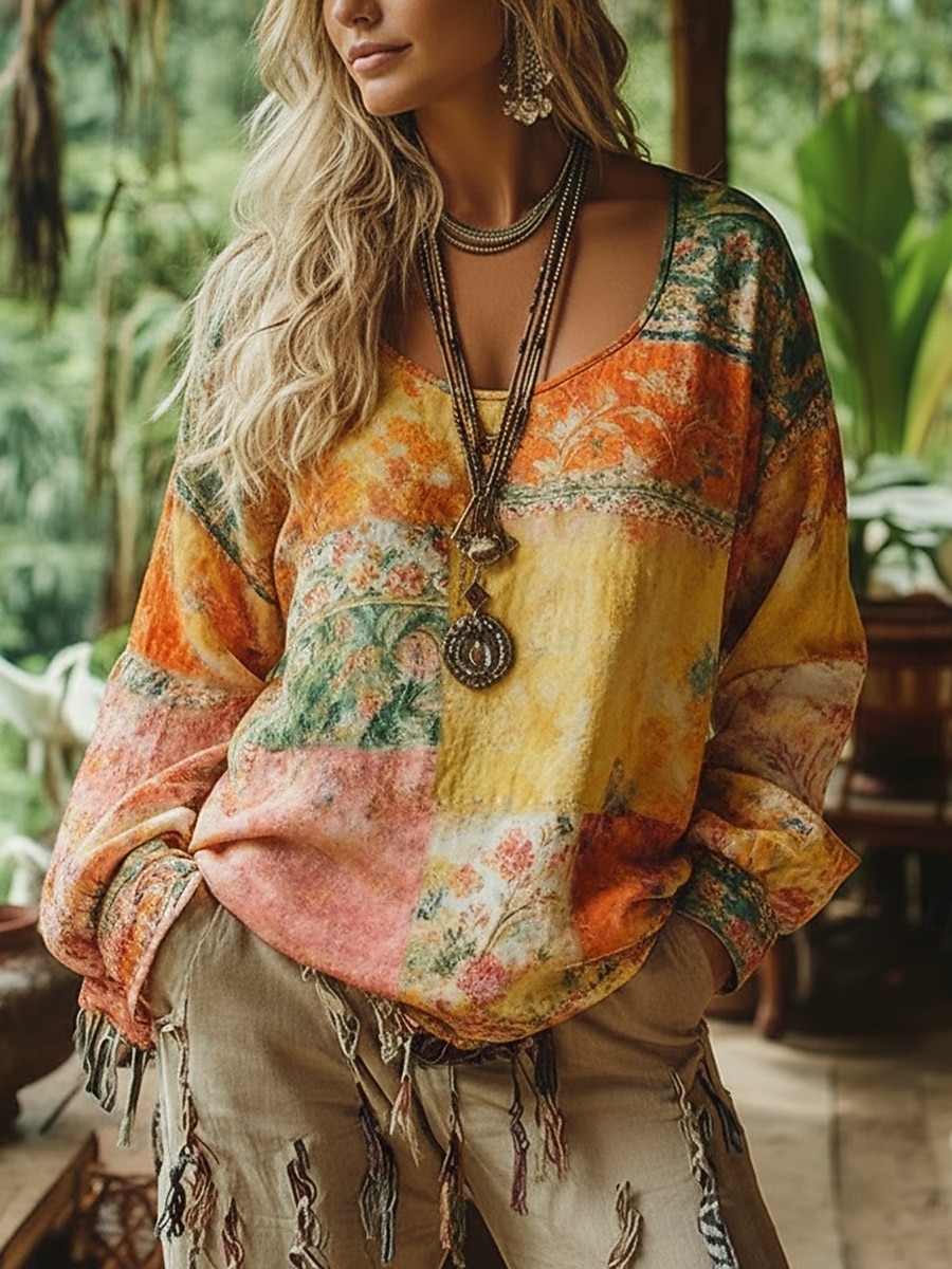 Damskie Koszulka w stylu boho Podkoszulek Koszulka Nadruk Kwiaty Zabytkowe Etniczne Codzienny Długi rękaw W serek Zwykłe topy Codzienny Weekend Ubrania wakacyjne Pomarańczowy Lato Wiosna Jesień 2026 - $26.99 –P3