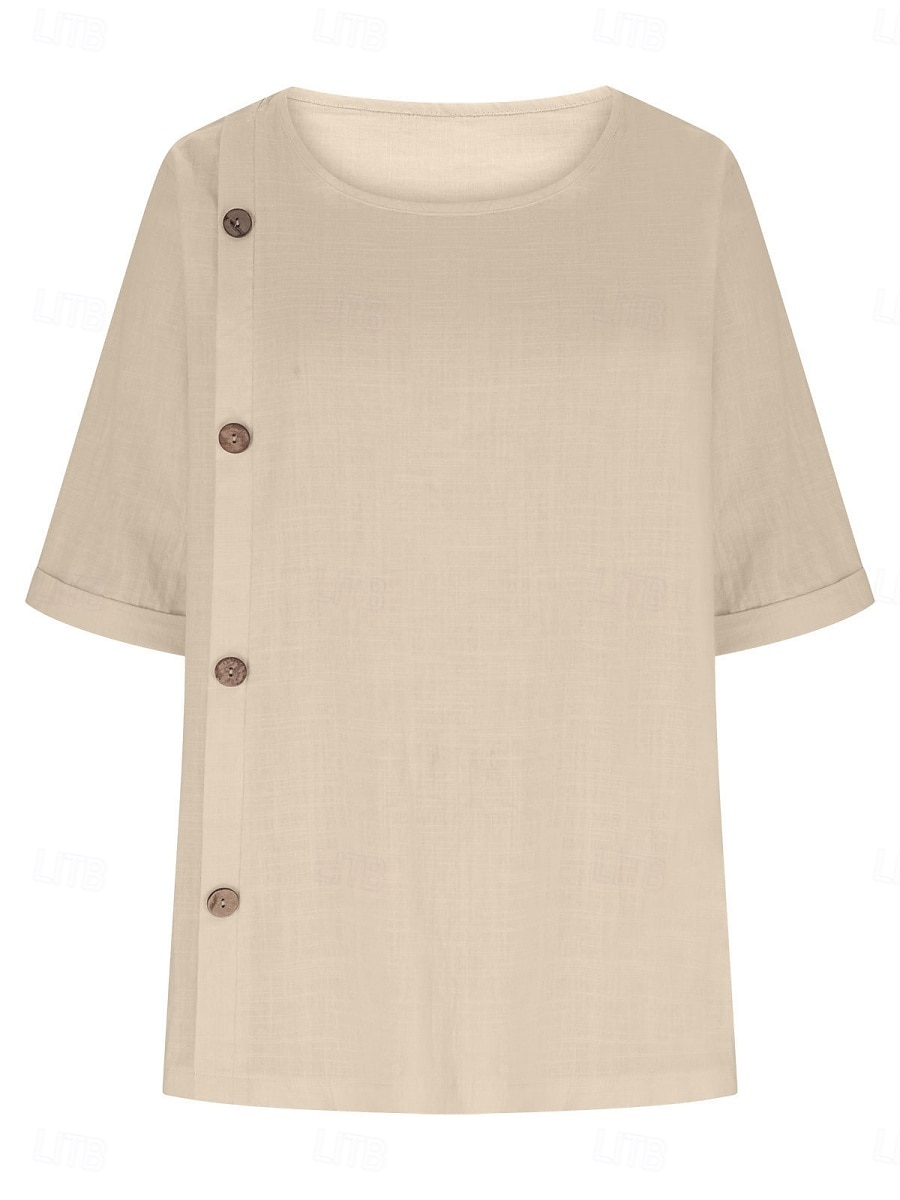 Damen Bluse Hemd aus Leinenimitat Knöpfe Einfarbig Stilvoll Basic Lässig Halbarm Rundhalsausschnitt Normale Oberteile Täglich Blau Schwarz Weiß Armeegrün Rote Sommer Frühling Herbst 2026 - $21.99 –P4