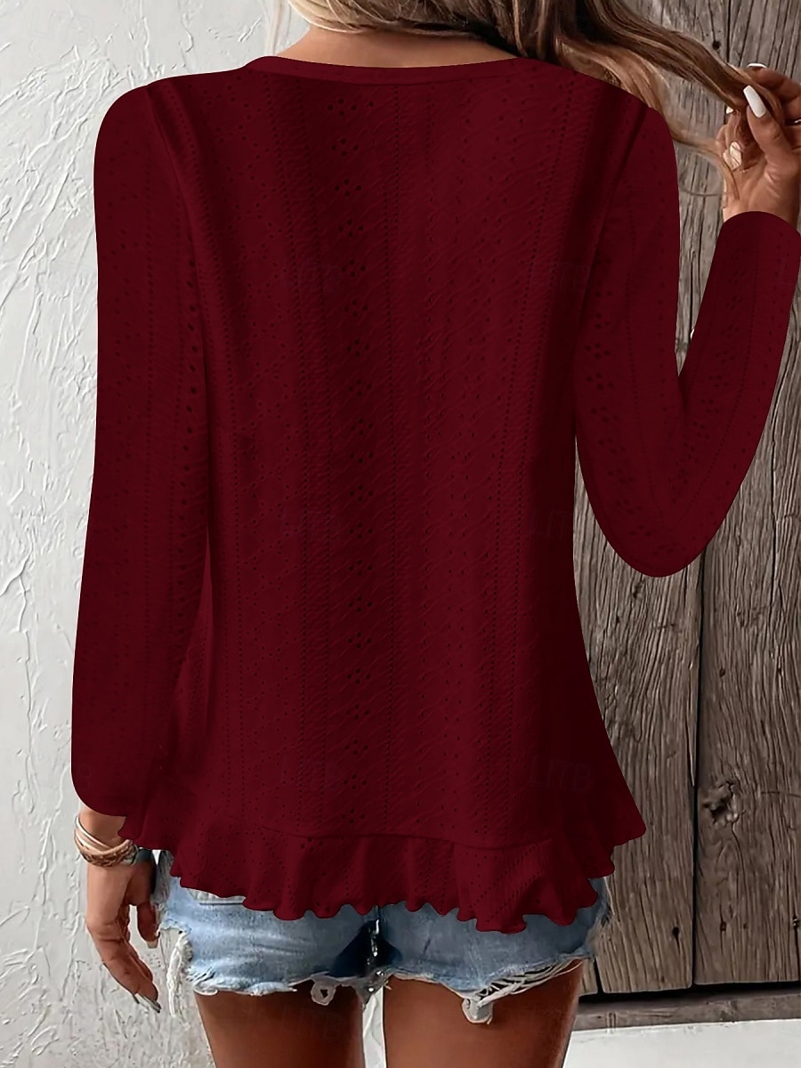 Pasqua Per donna Camicia traforata Top traforato Blusa Volant Traforato Tinta unica Elegante Essenziale Casual Manica Lunga Girocollo Top Regolari Casuale Quotidiano Spiaggia Blu Bianco Giallo Vino del 2026 a $21.99 –P8