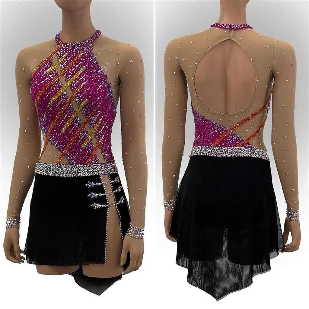 Eiskunstlaufkleid Mädchen Eislaufen Kleid Rosenrot Patchwork Offener Rücken Dehnbar Training Wettbewerb Eiskunstlaufkleidung Klassisch Kristall / Strass Langarm Eislaufen Eiskundstlauf 2026 - $333.09 –P3