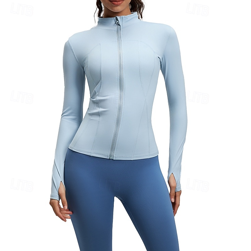 Dam Solid färg Joggingjacka Utomhusjacka Sportjacka Sommar Vår Höst Blixtlås i fullängd Smal Långärmad Snabb tork Lättvikt Elastisk Andningsfunktion Gym Löpning Träning Blå Rodnande Rosa Purpur 2026 - $23.99 –P1