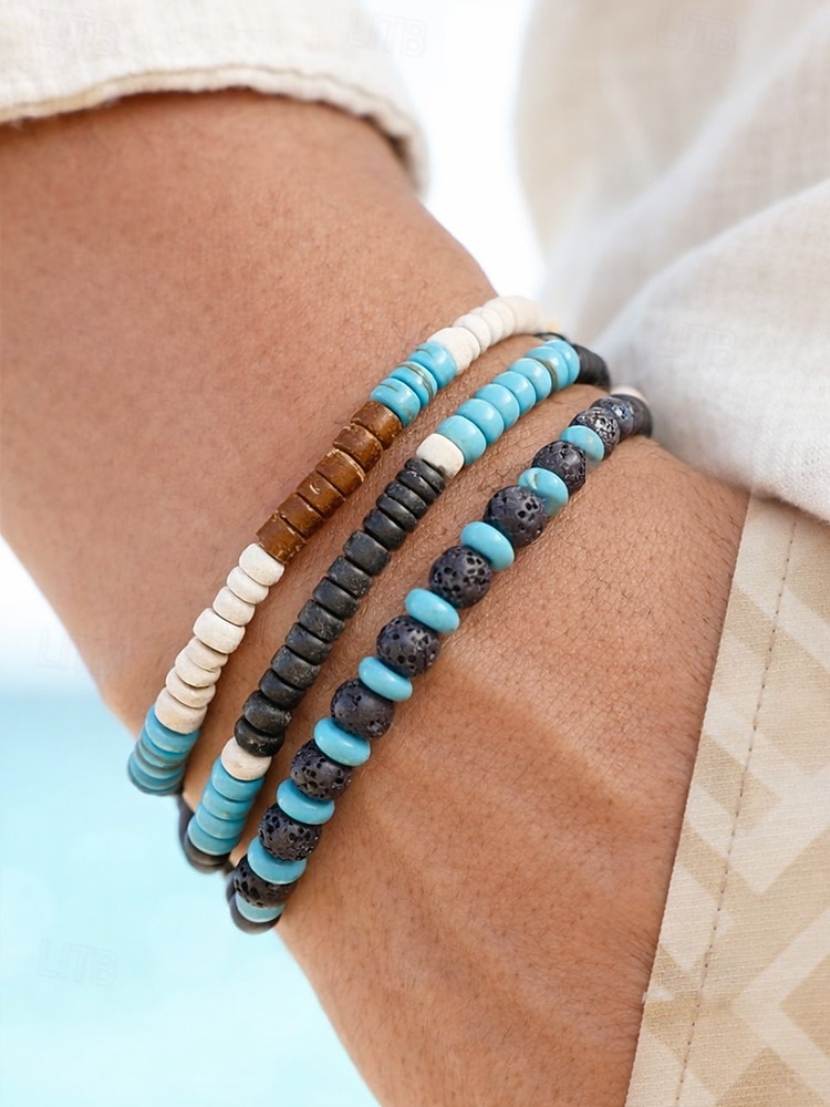 set di bracciali bohémien da uomo, materiali misti con turchese e pietra lavica, perfetti per le vacanze e per l'uso quotidiano casual del 2026 a $9.99 –P1