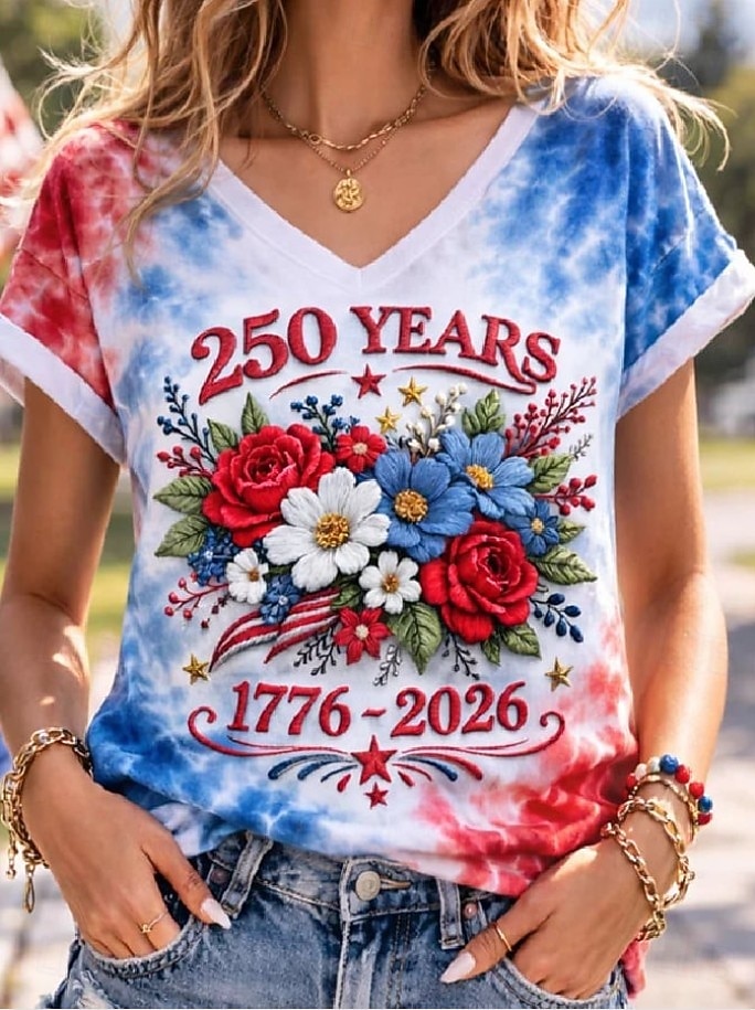 Día de la Independencia Aniversario Americano Camiseta Patriótica de Mujer Impresión Gráfica Bandera Vintage Elegante Clásico Manga Corta Cuello en V Tops Regulares Diarios Azul Blanco Azul Blanco 2026 - $21.99 –P4