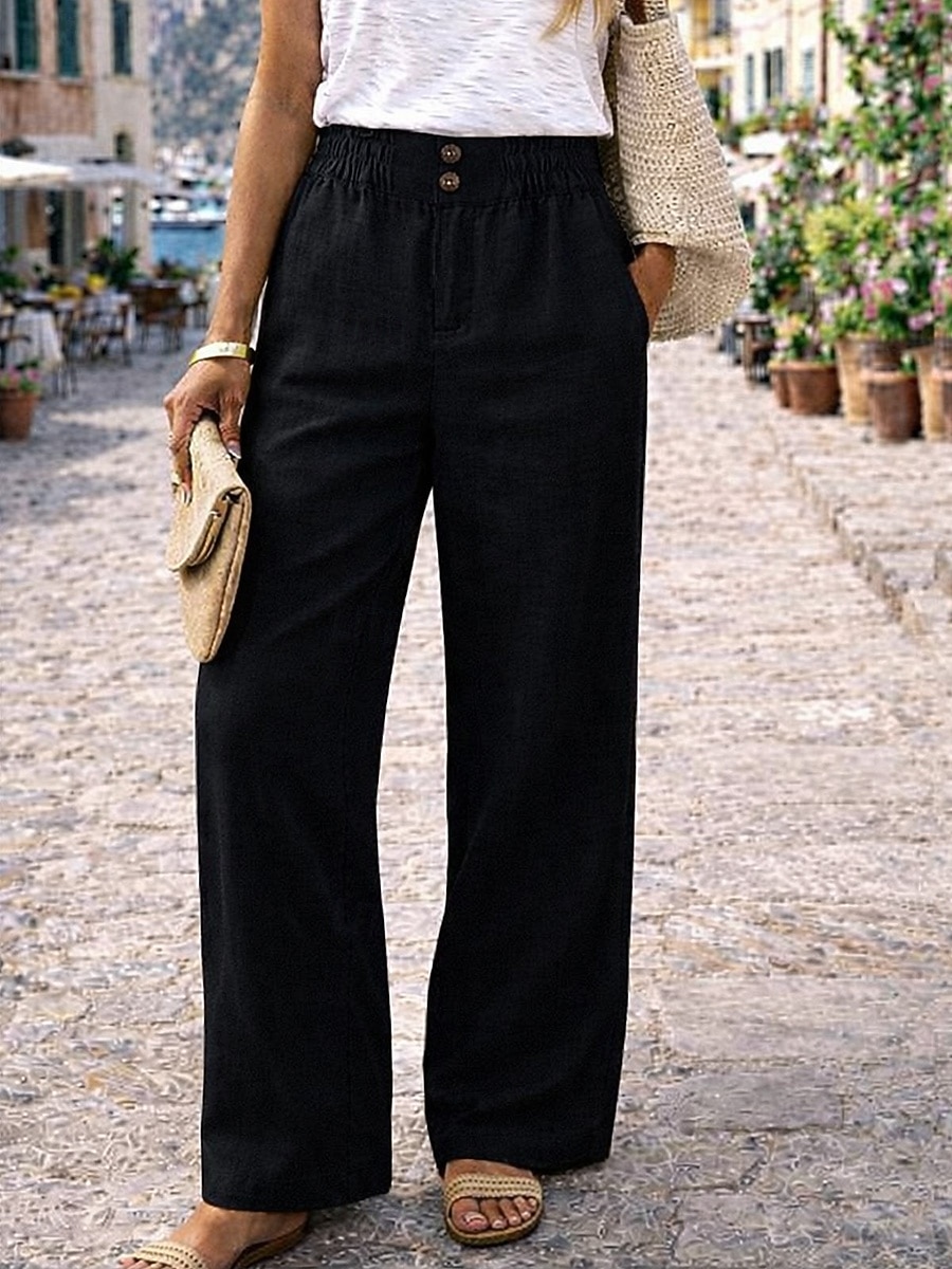 Mujer Pantalones con tacto de lino Perneras anchas Chinos Pantalones de verano Ropa de calle Básico Casual Longitud total Alta cintura Plano Bolsillo Confortable Suave Cómodo Rígido Exterior Calle 2026 - $24.99 –P5