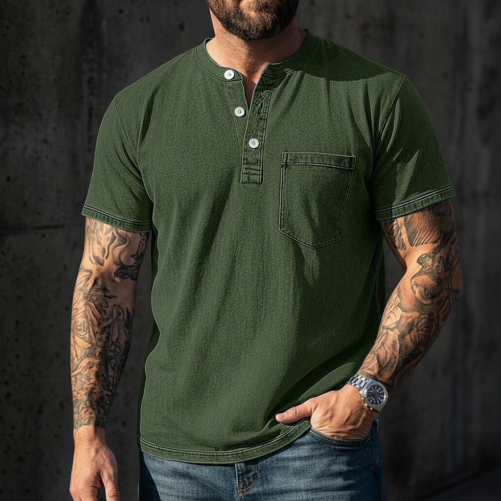 Pánské Tričko Henley Košile ze 100% bavlny Tričko Tričko Krátký rukáv Jednobarevné Retro Na běžné nošení Retro styl Barvení oděvů Vybledlý Henley Ležérní Léto Jaro Podzim Světlá růžová Šedá Tričko 2026 - $31.99 –P15