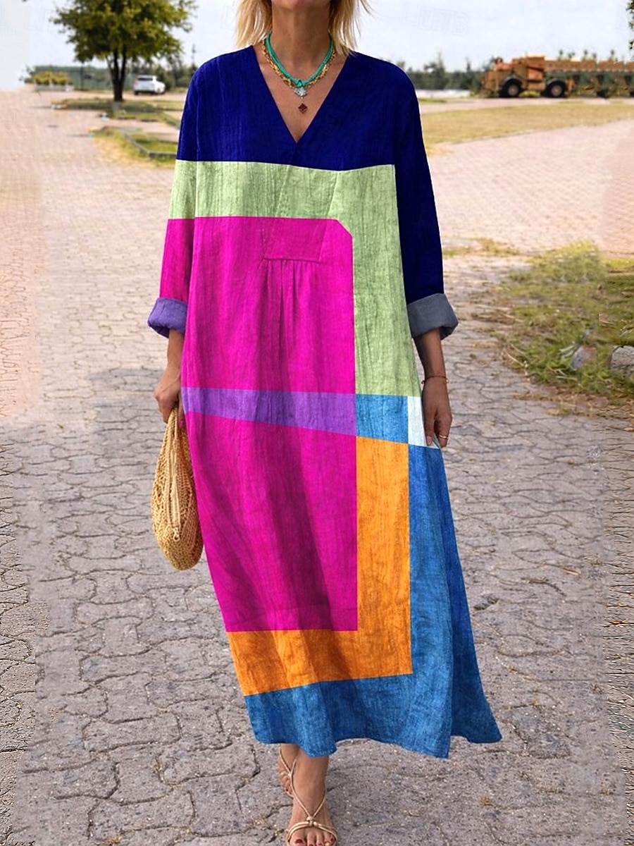 Abito Midi da Donna V Collo Maniche Lunghe Kaftan Leggero Comodo A Line Abito Casual Boho Uscita Grafica Geometrica Strisce Maniche Lunghe V Collo Arancione Rosso Nero Giallo Rosa del 2026 a $37.99 –P5