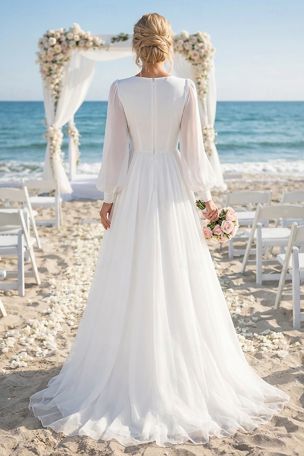 Matrimonio sulla spiaggia addio al nubilato piccolo abito bianco abiti per addio al nubilato abiti da matrimonio A-Line scollo a V manica lunga asimmetrico chiffon abiti da sposa con colore solido del 2026 a $149.99 –P2
