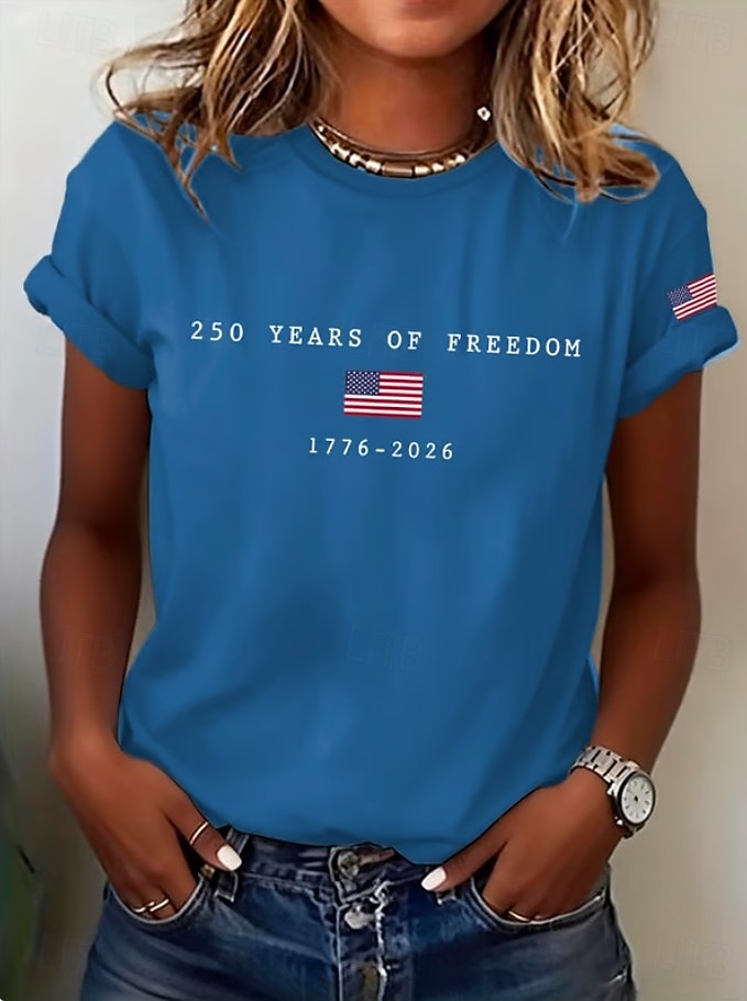Amerikanska självständighetsdagen Dam T-shirt Mönster Grafisk Självständighetsdagen Vintage Stylish Klassisk Kortärmad Rund hals V-hals Vanliga toppar Dagligen Blå Svart Vit Rubinrött Grå Sommar Vår 2026 - $22.99 –P6