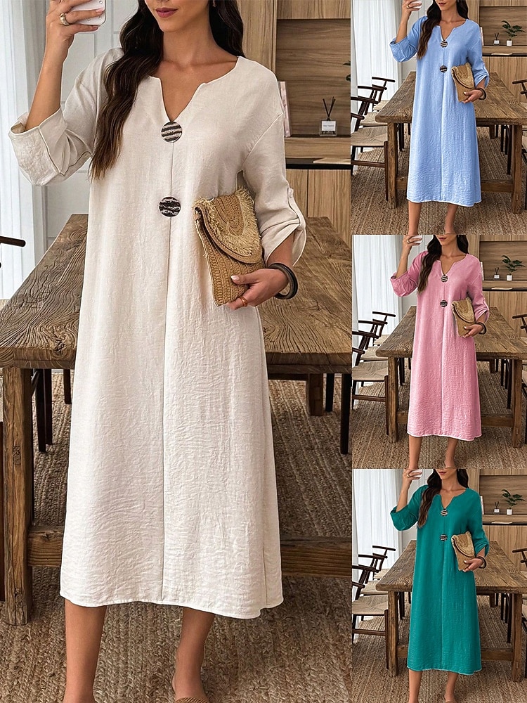 Mujer Vestido Midi Vestido de cambio Vestido informal Vestido de Algodón Moda Moderno Diario Fin de semana Holgado Plano Manga Larga Escote en Pico Azul Piscina Blanco Rosa Verde Trébol Verano 2026 - $33.99 –P1