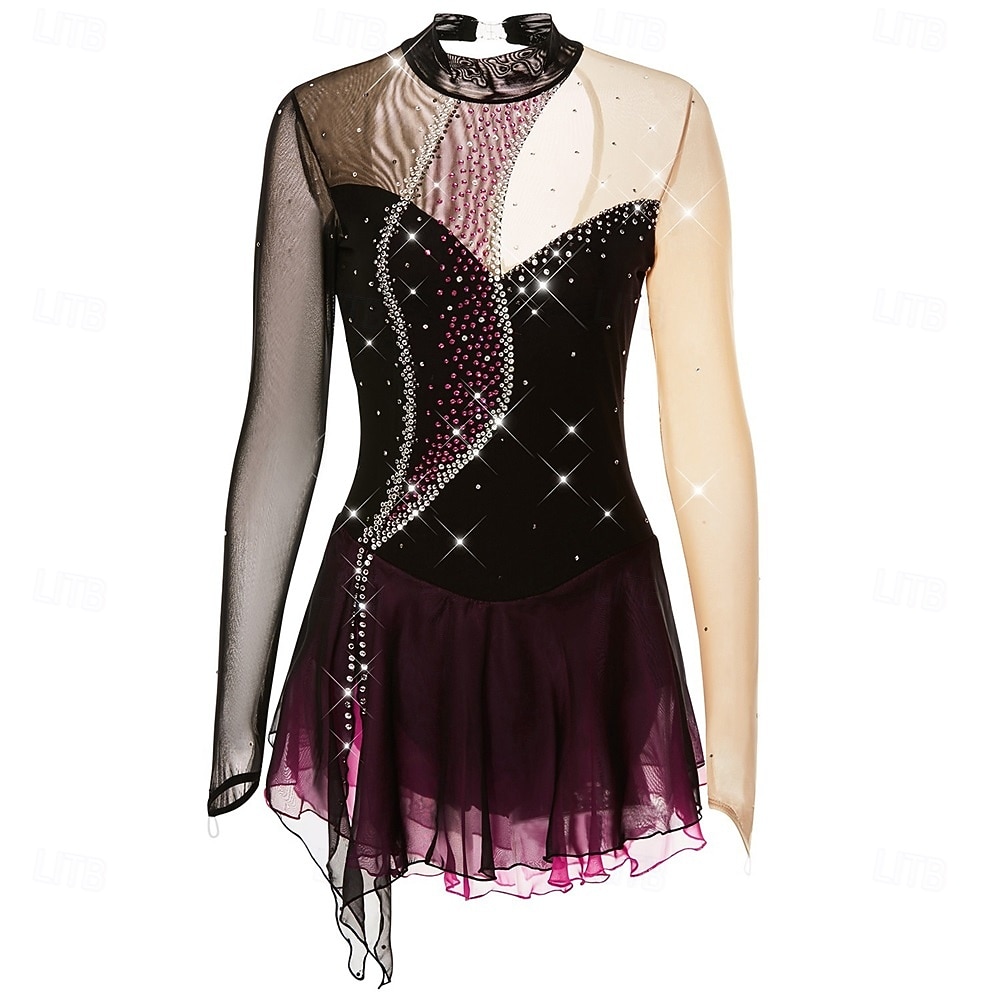 Figure Skating Dress Girls' Ice Skating Dress Violet Black Yellow Patchwork Open Back High Elasticity Training Competition Skating Wear Classic Crystal / Rhinestone Long Sleeve Ice Skating Figure 2026 - $204.69 –P2