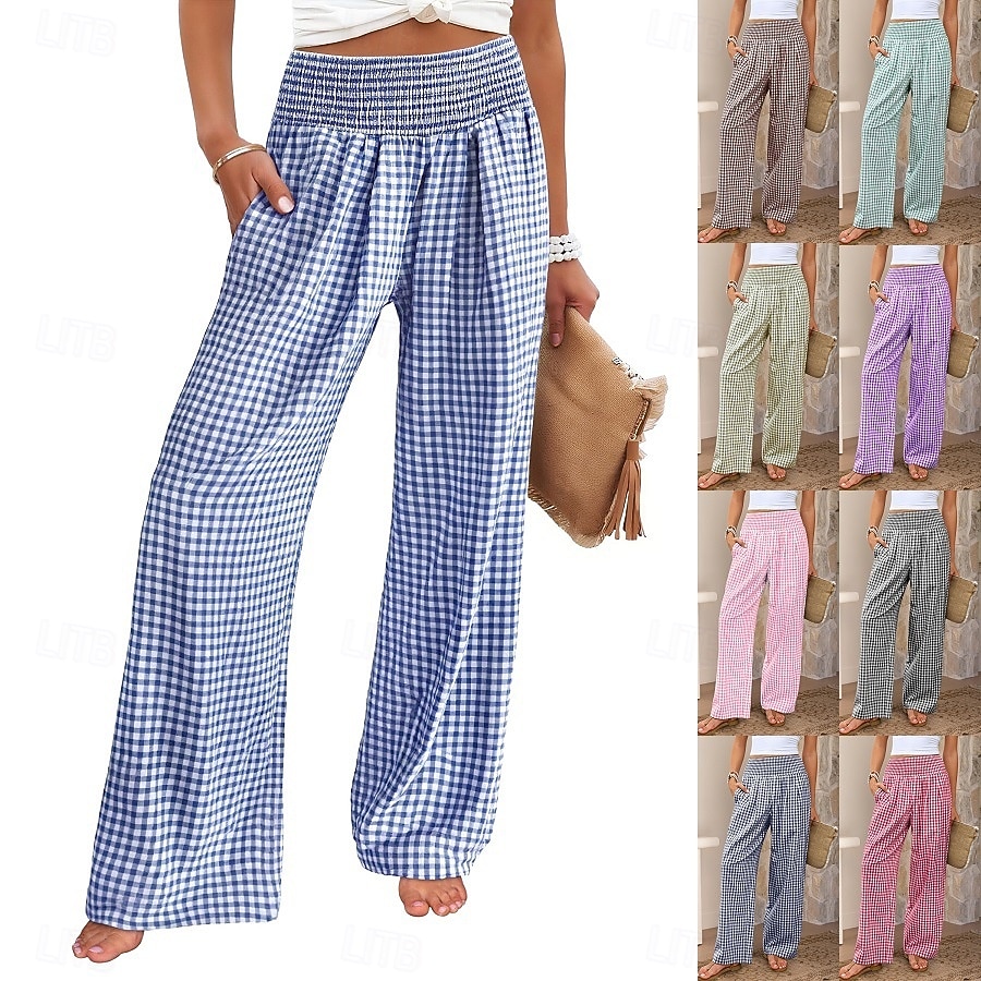 Women's Wide Leg Chinos Vacation Fashion Streetwear Full Length High Waist Plaid Pocket Elastic Waistband Printing Comfy Comfort Soft Stretchy Daily Outdoor Street Blue Black Yellow Pink Spring Fall 2026 - $27.99 –P1