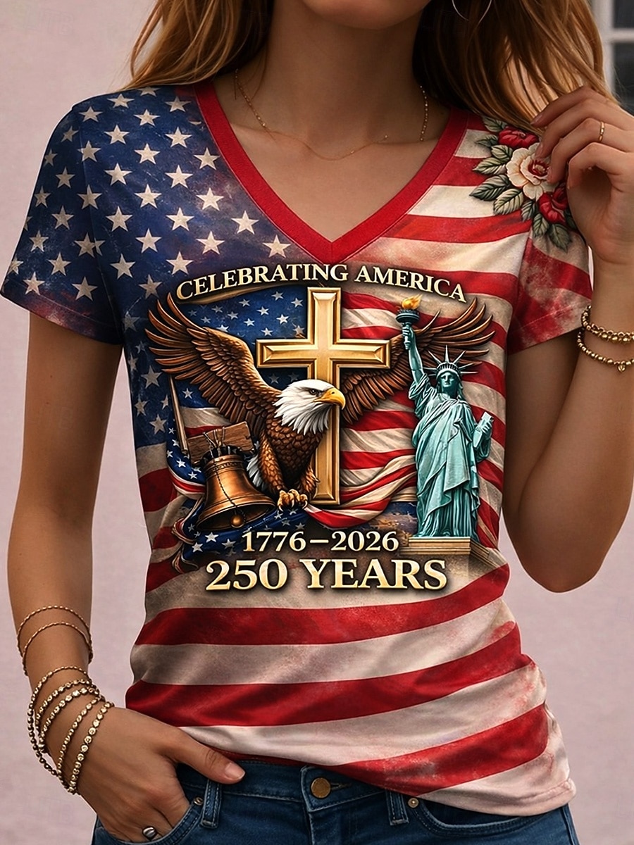 Uavhengighetsdag amerikansk jubileum patriotisk dameskjorte trykk grafikk flagg amerikansk flagg vintage stilig klassisk kortermet V-hals vanlig topper daglig rød sommer vår 2026 - $21.99 –P3