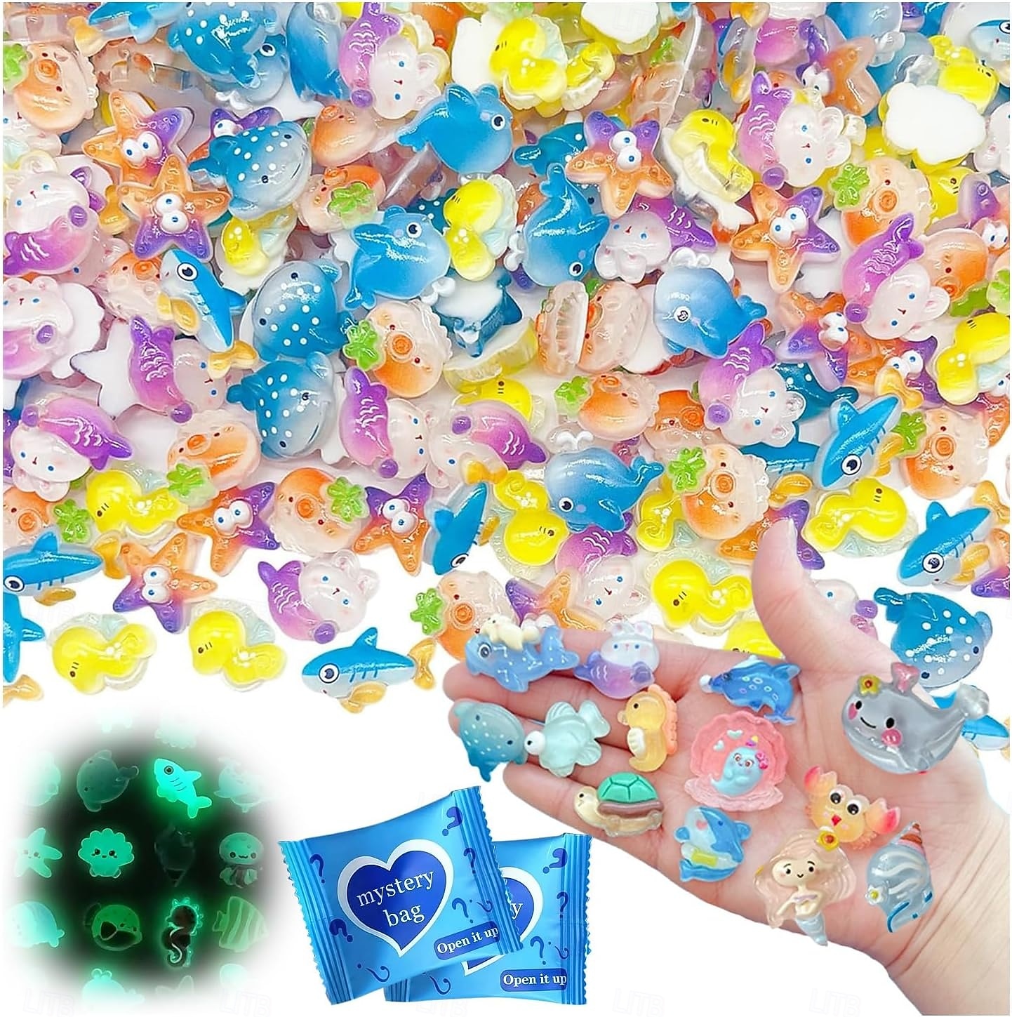 Миниатюрный набор светящихся в темноте фигурок морских животных из смолы, набор из 50/100/200 штук в пакетиках-сюрпризах, крошечные морские животные, рыбки, черепахи, дельфины, морские звезды и многое другое, для рукоделия, сказочного сада, домашнего деко 2026 - $9.99 –P6