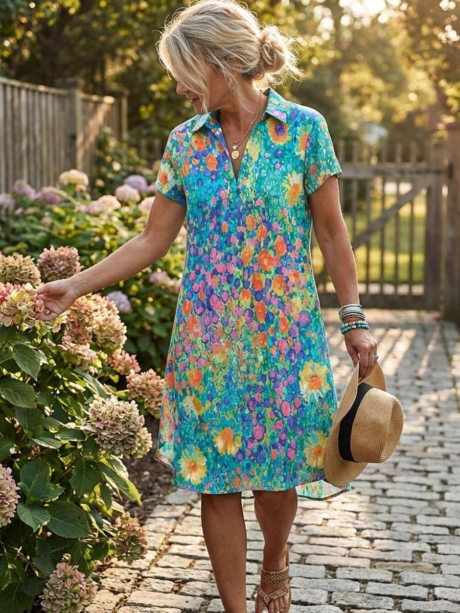 Per donna Abito lungo Abito lungo Abiti Boho Chic Prendisole Abito da spiaggia Tropicale Informale Boho Da mare Ufficio Giornaliero Standard Ditsy floreale Manica corta A V Bavero Marrone Arcobaleno del 2026 a $33.99 –P1