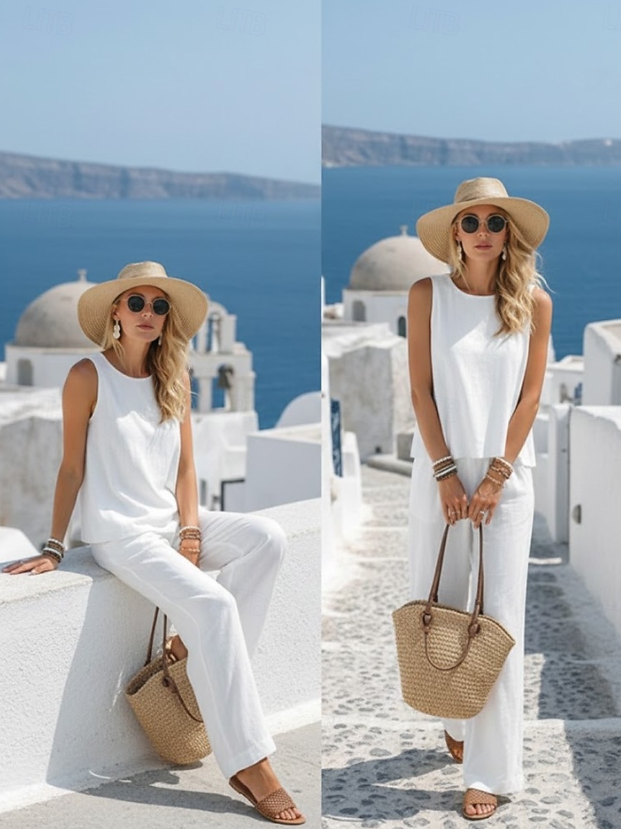 Per donna Set di biancheria in cotone Gilet in cotone e lino Set di Pantaloni Senza Maniche Girocollo Tinta unica Moda Streetwear Casuale Quotidiano All'aperto Bianco Giallo Beige Estate Vestibilit del 2026 a $36.99 –P3