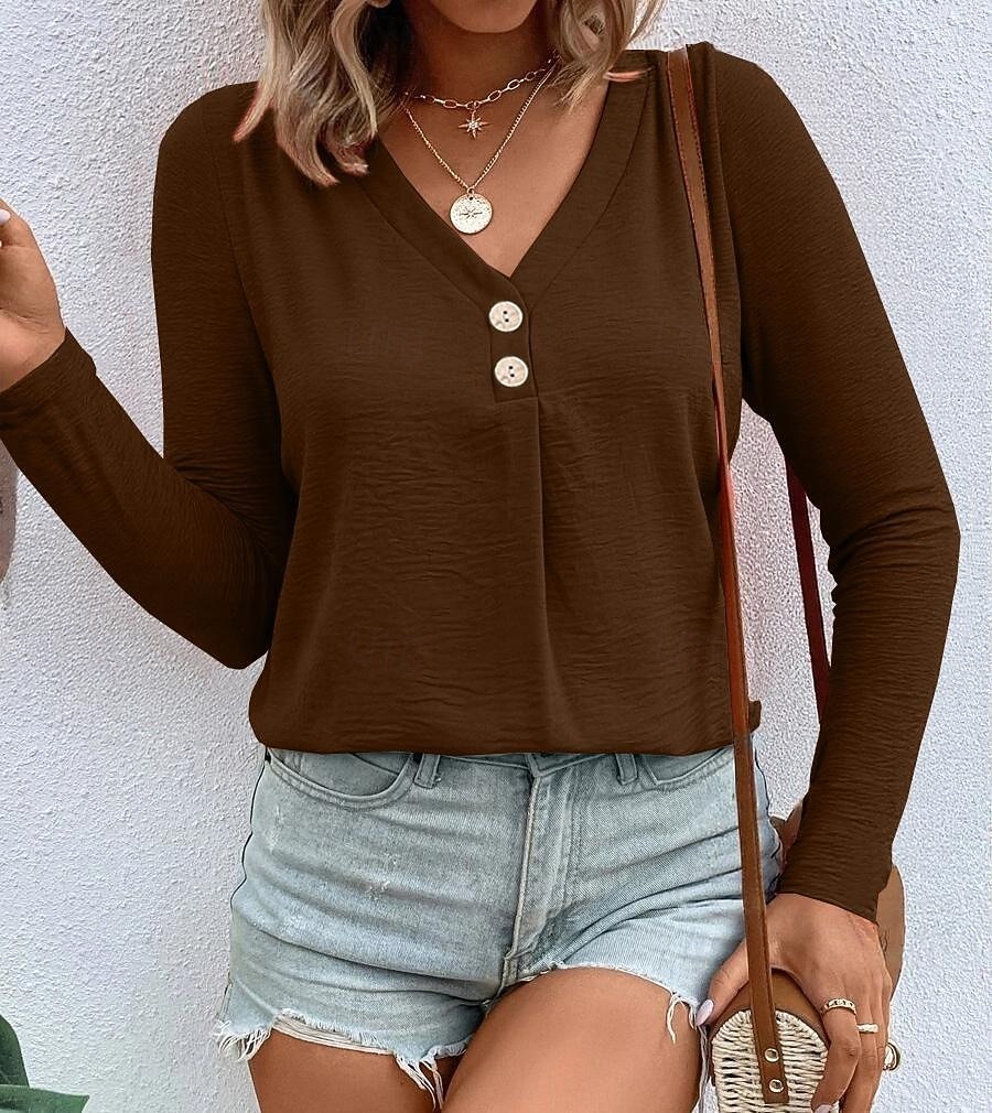 Dámské Tričko Tlačítko Přední S texturou Pevná barva Módní Na běžné nošení Dlouhý rukáv Do V Dlouhé topy Denní Jdeme ven Tmavěhnědá Travní zelená Černá Bílá Rubínově červená Jaro Podzim 2026 - $21.99 –P5