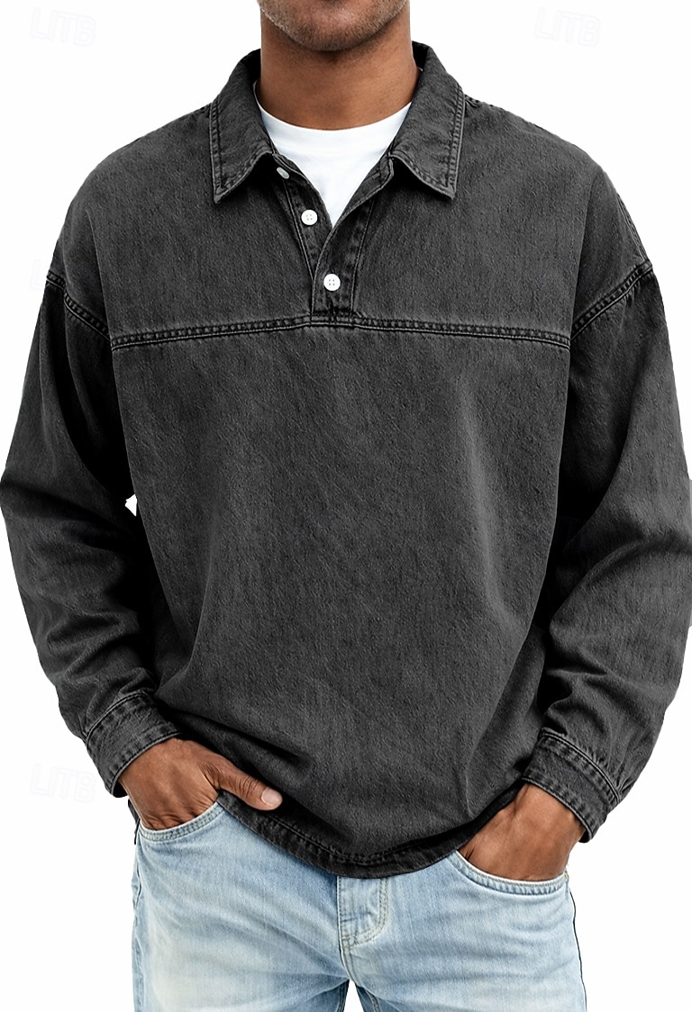 Herren Jeanshemd Baumwoll-Poloshirt Lässig Urlaub Klassisch Langarm Mode Basic Einfarbig Einfach Vintage-Stil Gewaschen Frühling Winter Frühling & Herbst Normale Passform Schwarz Hellgrün Rosa 2026 - $33.99 –P2