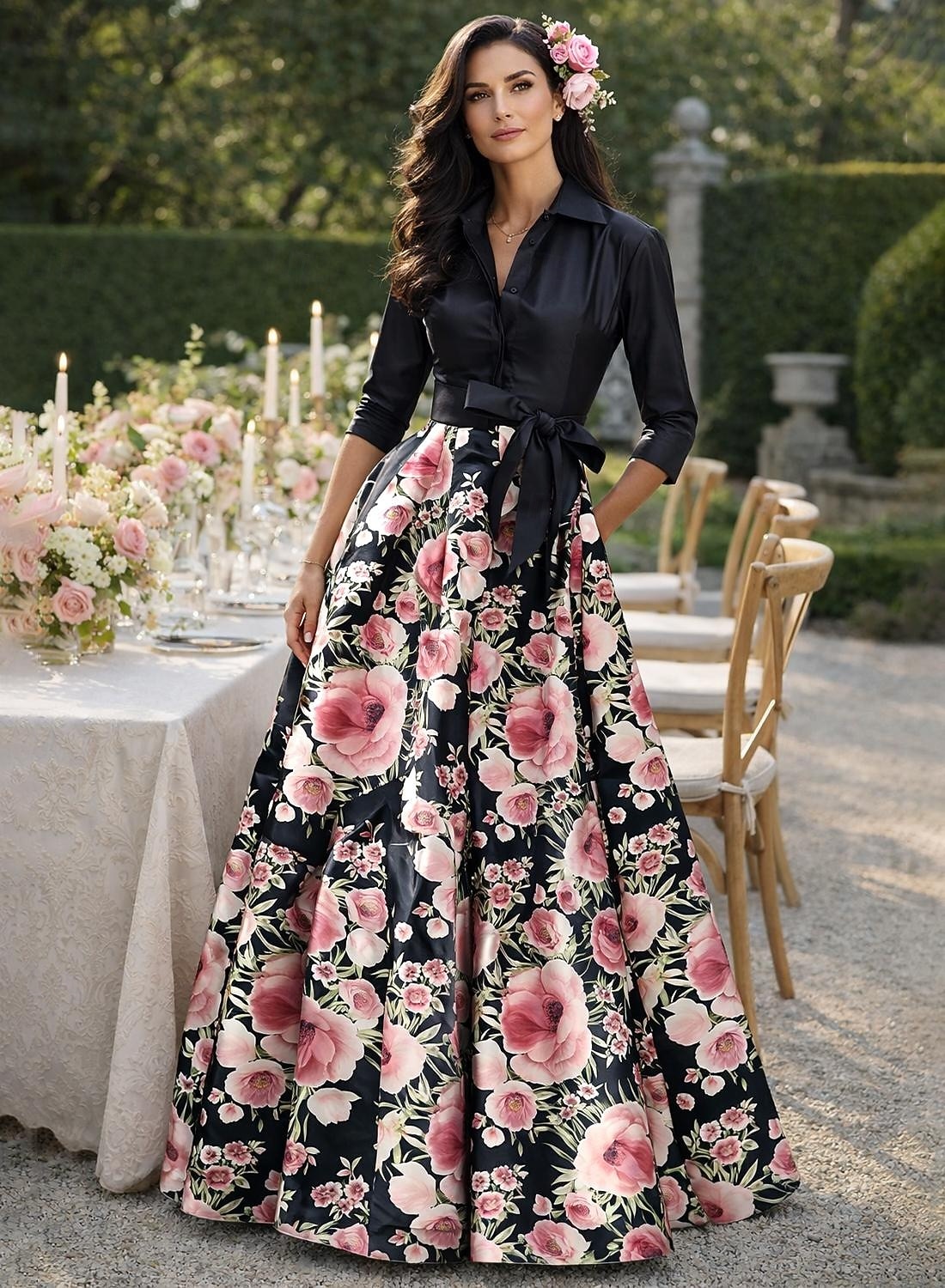 A-Linie Bodenlang Kleid für Hochzeitsgäste Abendkleid Brautmutterkleid Dreiviertelarm Hemdkragen Elegant Hoher Schlitz Formell Satin mit Knöpfe 2026 - $218.49 –P1