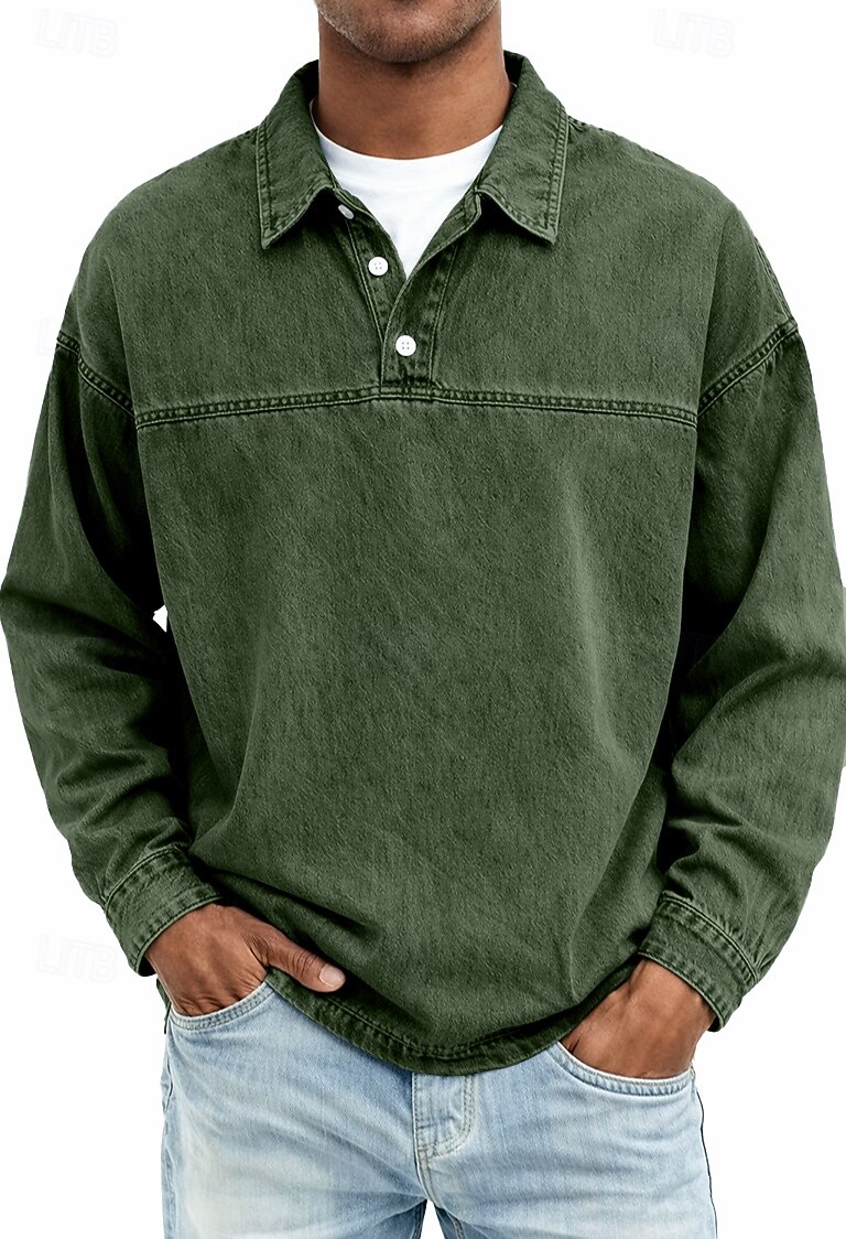 Herren Jeanshemd Baumwoll-Poloshirt Lässig Urlaub Klassisch Langarm Mode Basic Einfarbig Einfach Vintage-Stil Gewaschen Frühling Winter Frühling & Herbst Normale Passform Schwarz Hellgrün Rosa 2026 - $33.99 –P8