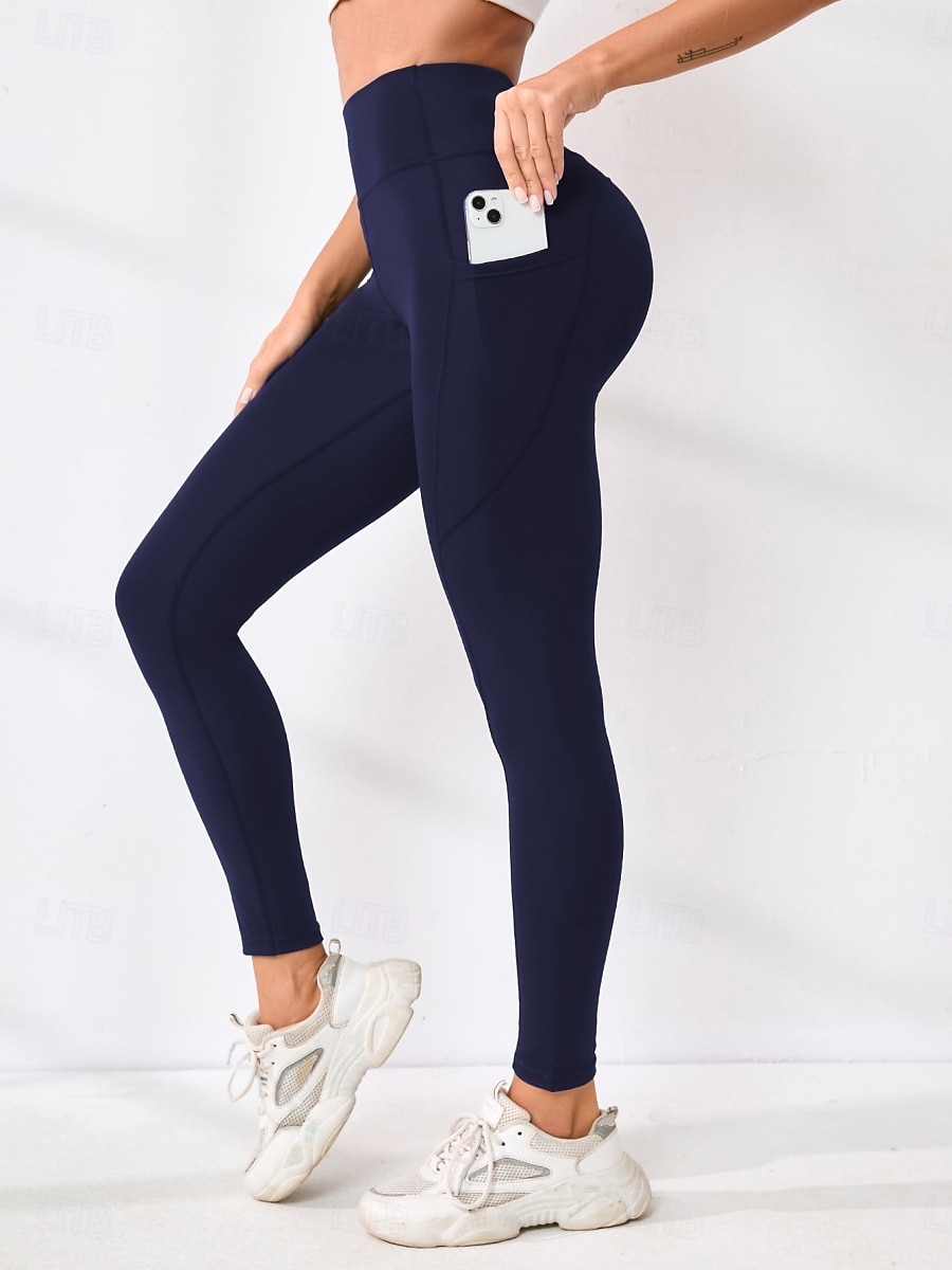 Women's Trousers Leggings Fashion Streetwear Basic Full Length High Waist Plain Pocket Elastic Waist Comfort High Elasticity Daily Gym Running Black Burgundy Navy Blue Military Green Spring Fall 2026 - $13.99 –P2