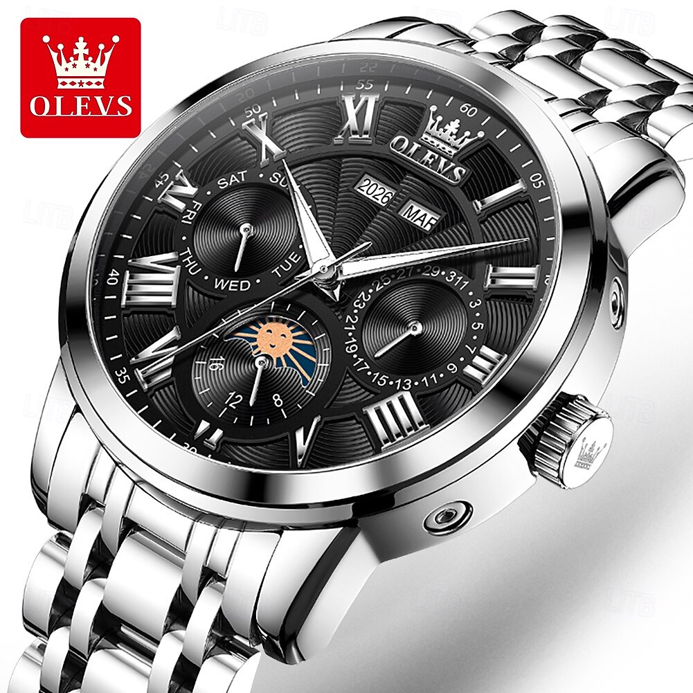 2026年 OLEVS 男性 機械式時計 クリエイティブ 贅沢 ファッション ビジネス スケルトン 自動巻き トゥールビヨン ムーンフェイズ表示 ステンレス レザー 腕時計  コレクション – $105.99 –P8
