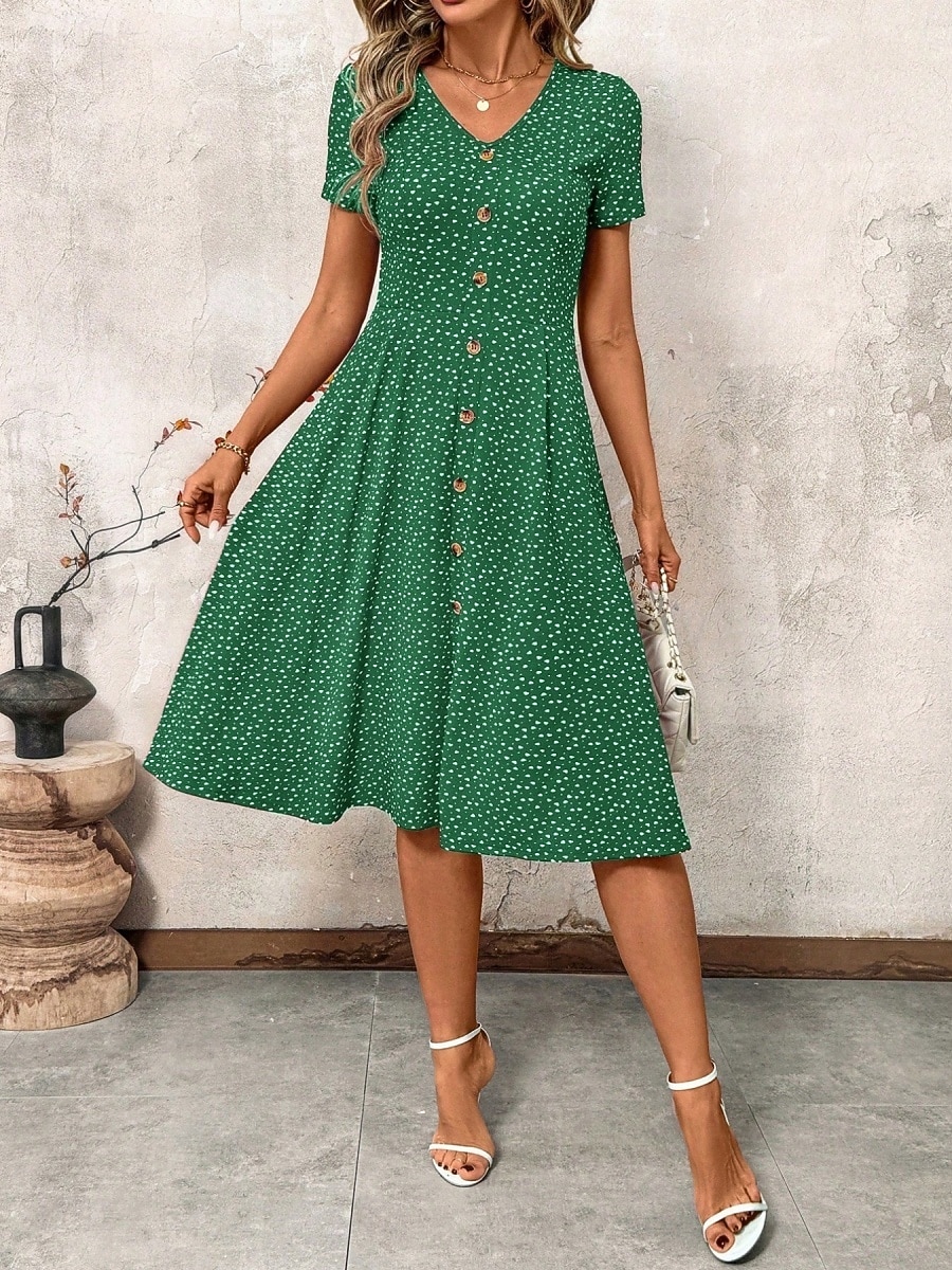 Per donna Abito Midi Abito a trapezio Vacanza Casual All'aperto Uscire Vestibilità regolare A Pois Manica Corta Scollo a V blu navy Nero Rosso Verde Estate Primavera del 2026 a $27.99 –P5
