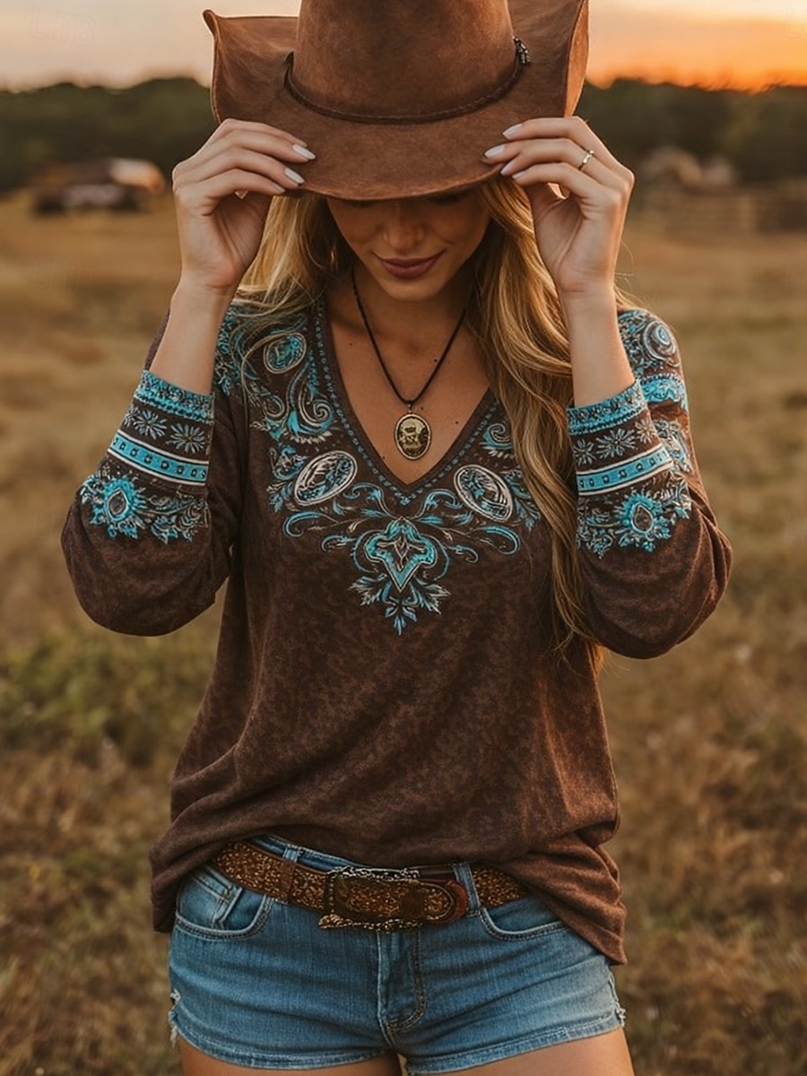 Damskie Podkoszulek Nadruk Kwiaty Graficzny Rośliny Zabytkowe Elegancki Klasyczny Długi rękaw W serek Zwykłe topy Codzienny Weekend Stroje plażowe Ciemnobrązowy Lato Wiosna 2026 - $24.99 –P1