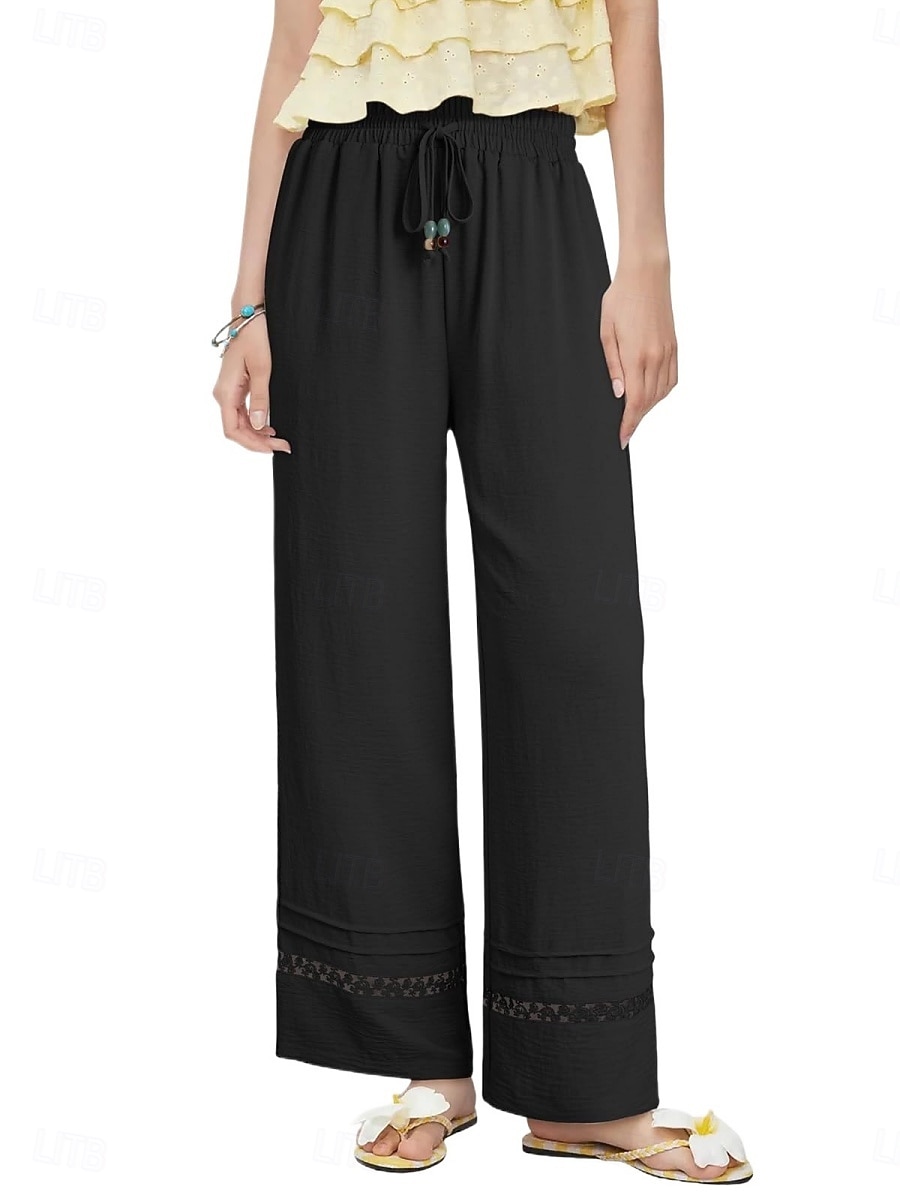Women's Wide Leg Trousers Casual Pants Vacation Fashion Streetwear Full Length High Waist Plain Lace Elastic Waist Comfortable Breathable Inelastic Daily Vacation Street Black Almond Military Green 2026 - $29.99 –P2