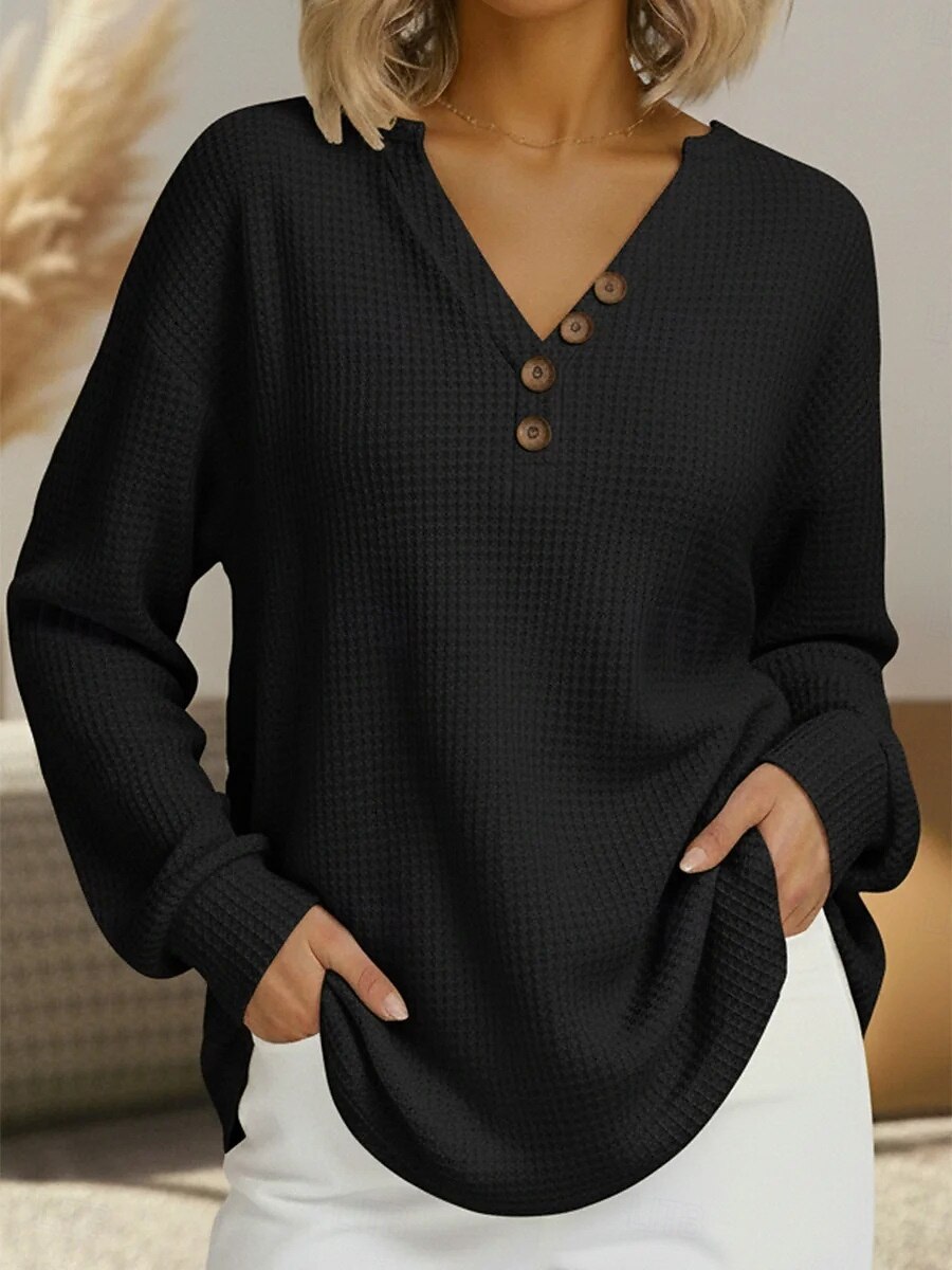 Dam Texturblus Våffelskjorta Våffel T-shirt Blus Knappar Slät Stylish Klassisk Modern Långärmad V-hals Vanliga toppar Dagligen Helgdag Utekväll Svart Vit Rubinrött Marinblå Vår Höst 2026 - $27.99 –P3