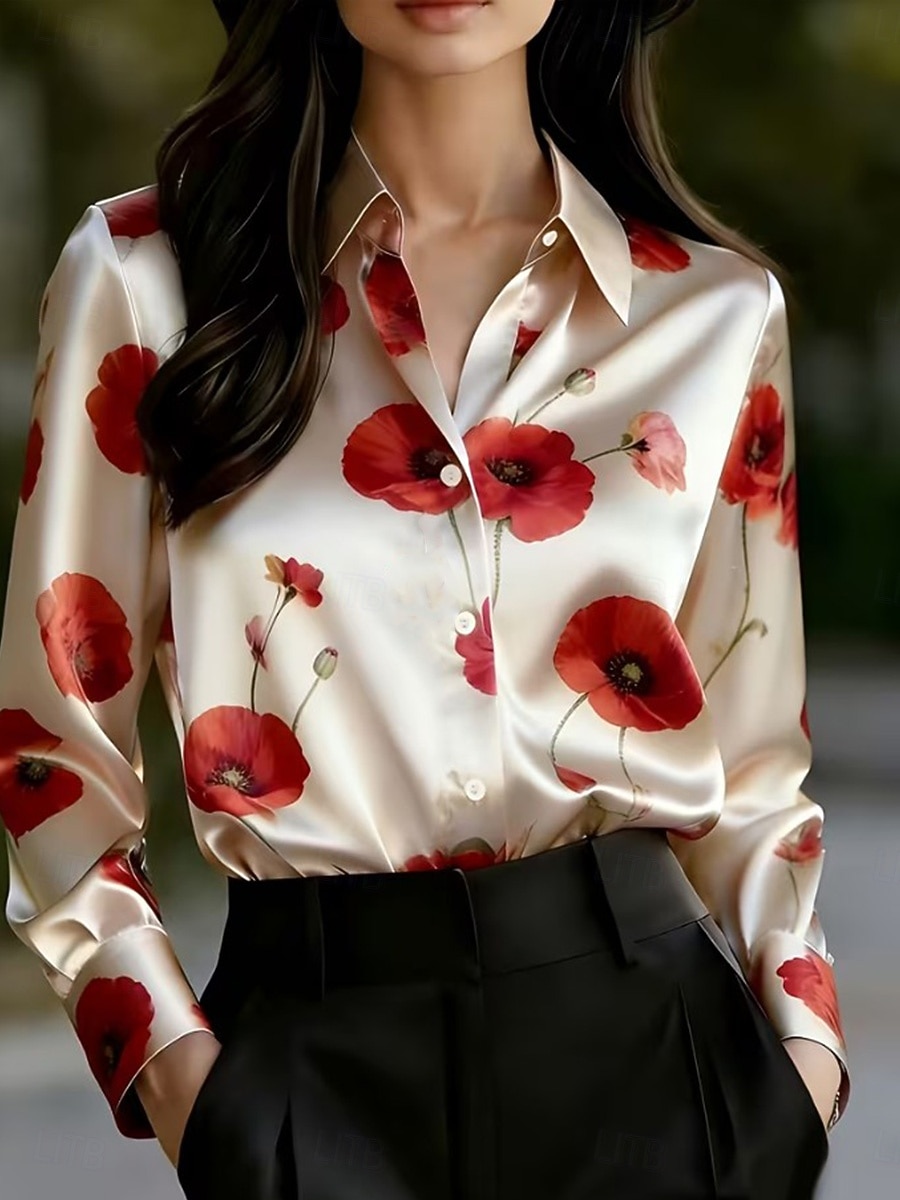 Mujer Camisa Botones Estampado Floral Graphic Elegante Básico Moderno Manga Larga Cuello Camisero Tops regulares Diario Trabajo Beige Primavera Otoño 2026 - $28.99 –P1