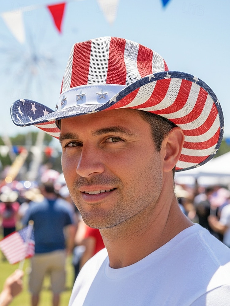 250. výročí Spojených států pánský slaměný westernový klobouk s potiskem vlastenecké vlajky prodyšný tkaný fedora styl v několika designech festivalové prázdninové a volnočasové nošení 2026 - $29.99 –P3