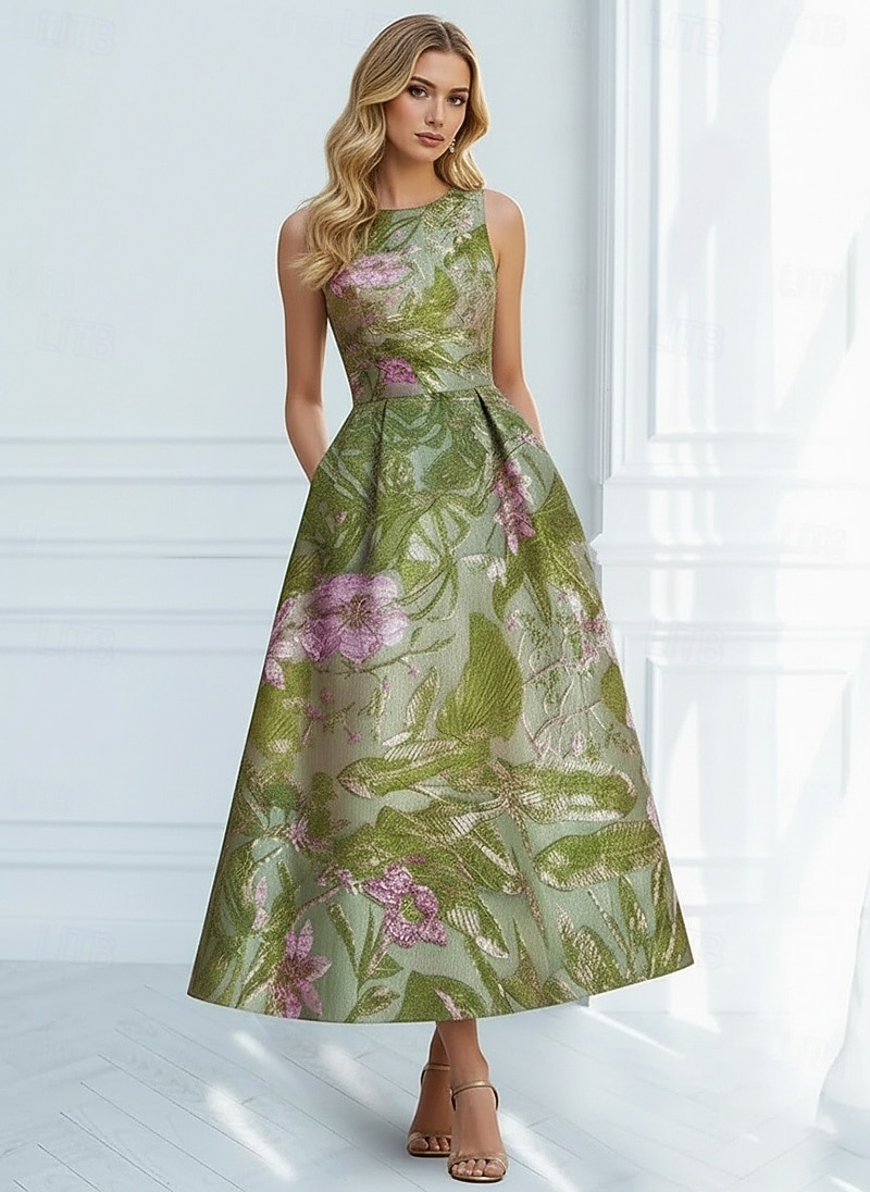 A-Linie Tee-Länge Abendkleid Cocktailkleider Elegant Ärmellos U-Boot-Ausschnitt Hochzeit Formell Jacquard mit Falten 2026 - $171.99 –P1
