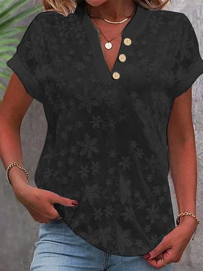 Per donna Maglietta Pizzo Patchwork Semplice Moda Elegante Classico Manica Corta Scollo a V Top Regolari Quotidiano Uscire Weekend Blu Nero Bianco Cachi Estate Primavera del 2026 a $25.99 –P3